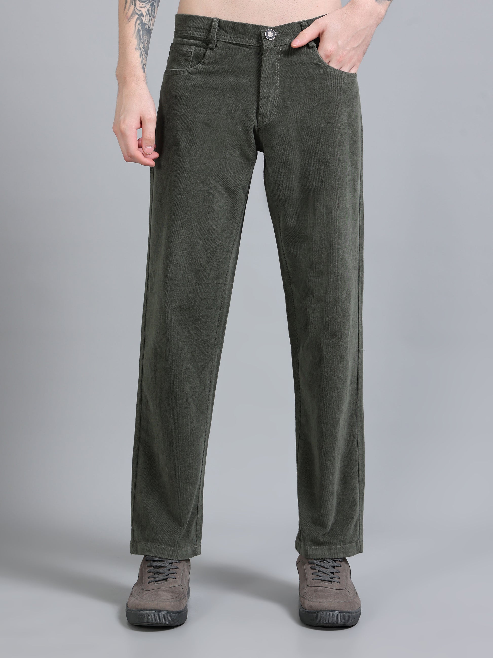  Olive Green Corduroy Trousers For Men