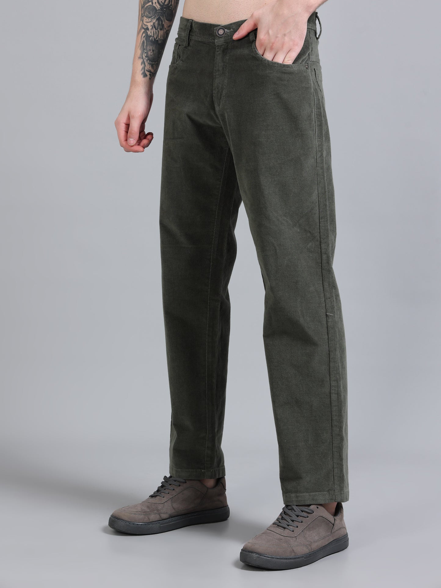  Olive Green Corduroy Trousers For Men