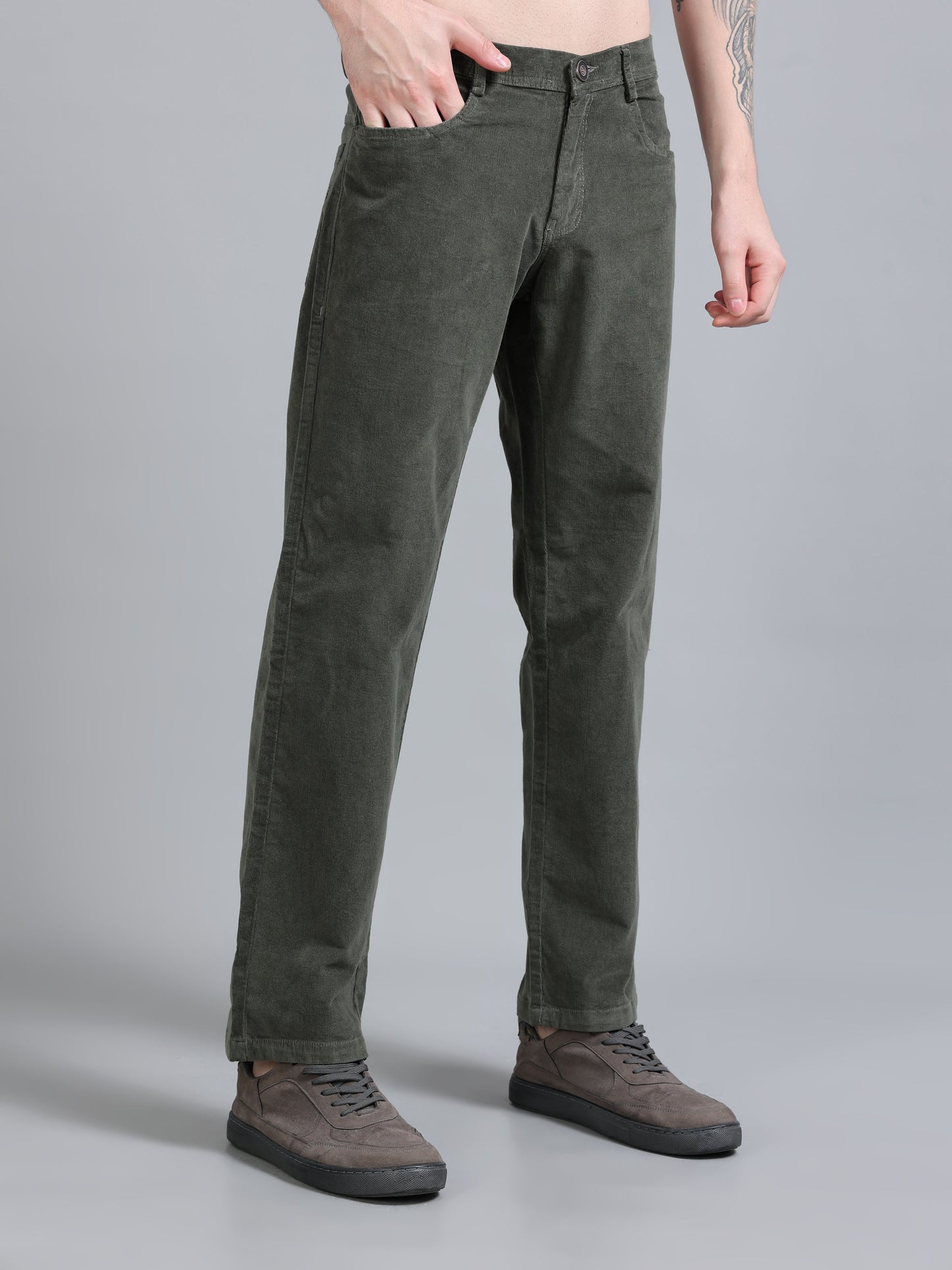  Olive Green Corduroy Trousers For Men