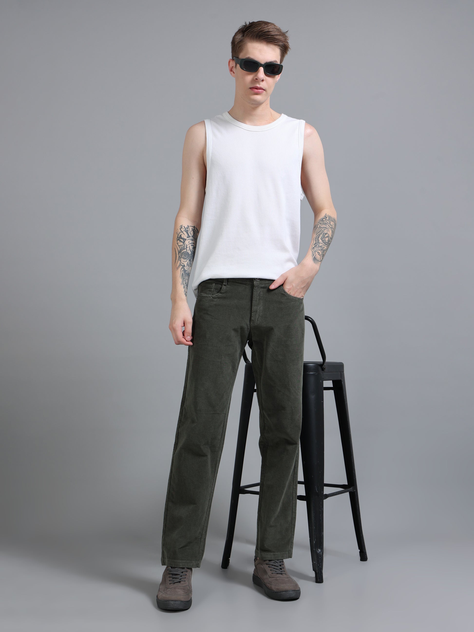  Olive Green Corduroy Trousers For Men