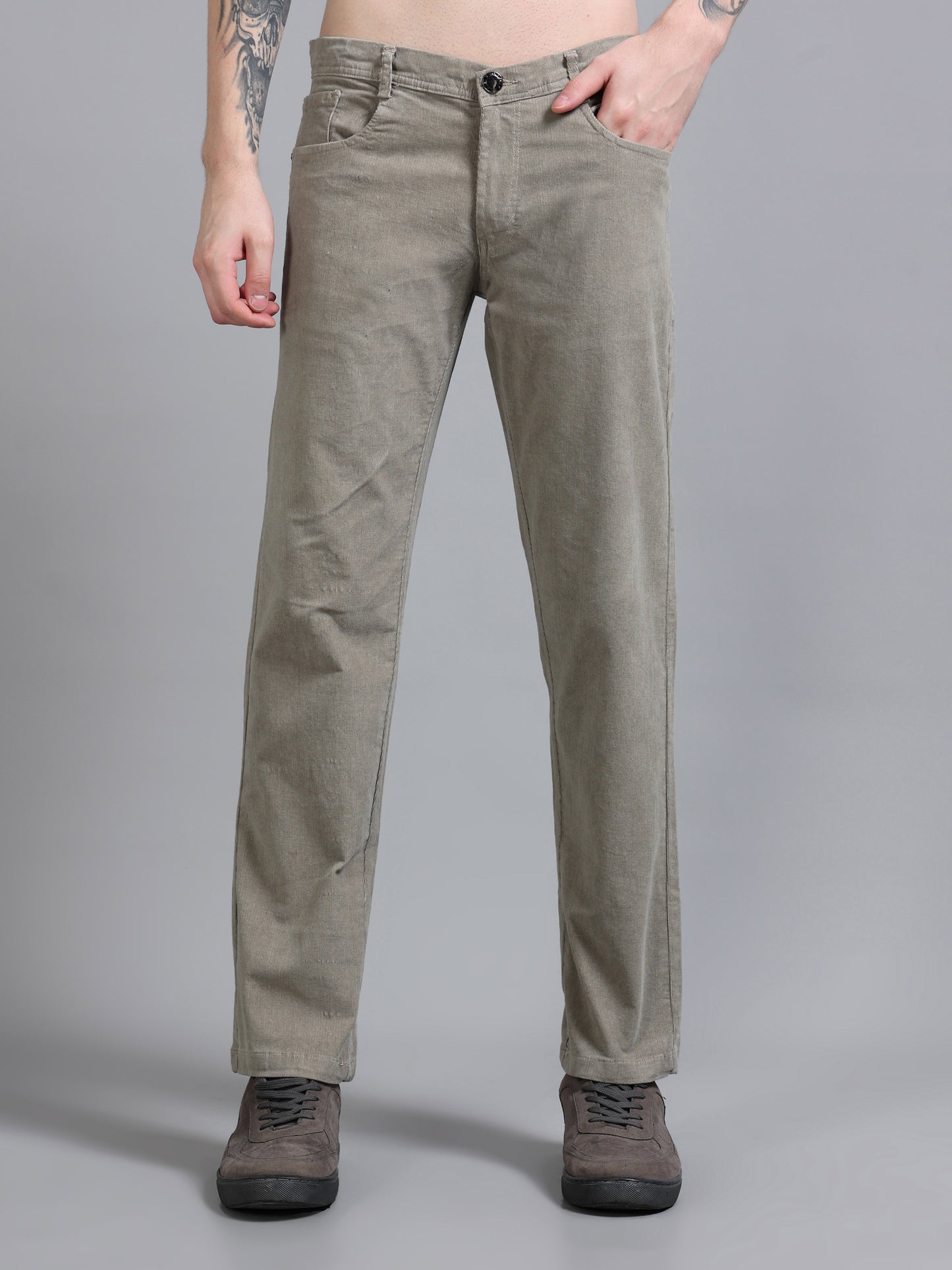 Ankle Length Light Grey Corduroy Pants for Men