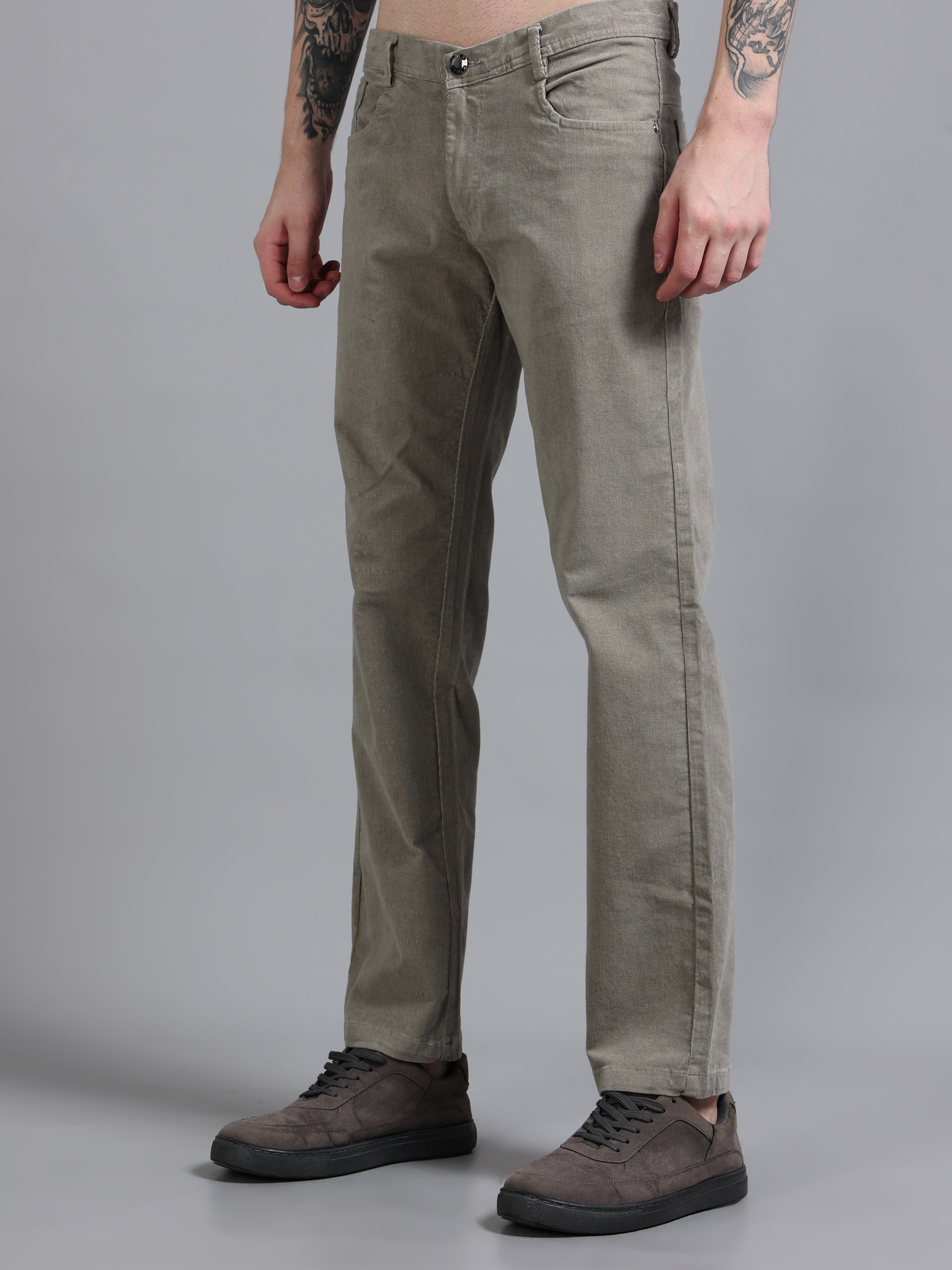 Ankle Length Light Grey Corduroy Pants for Men