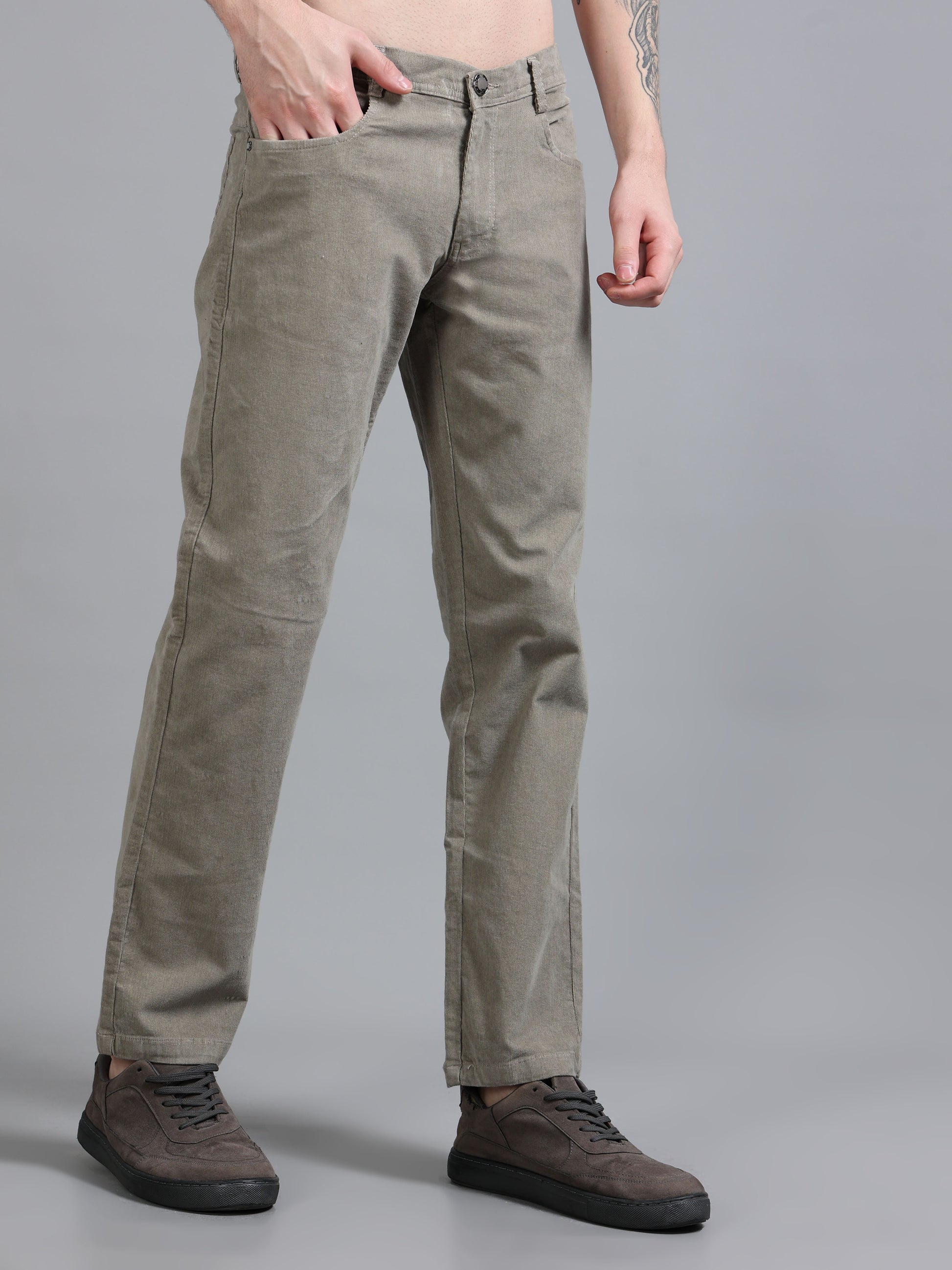 Ankle Length Light Grey Corduroy Pants for Men