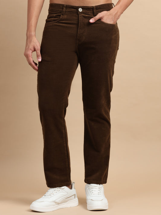 Ankle Length 4 pockets Coffee Brown Corduroy Pants for Men