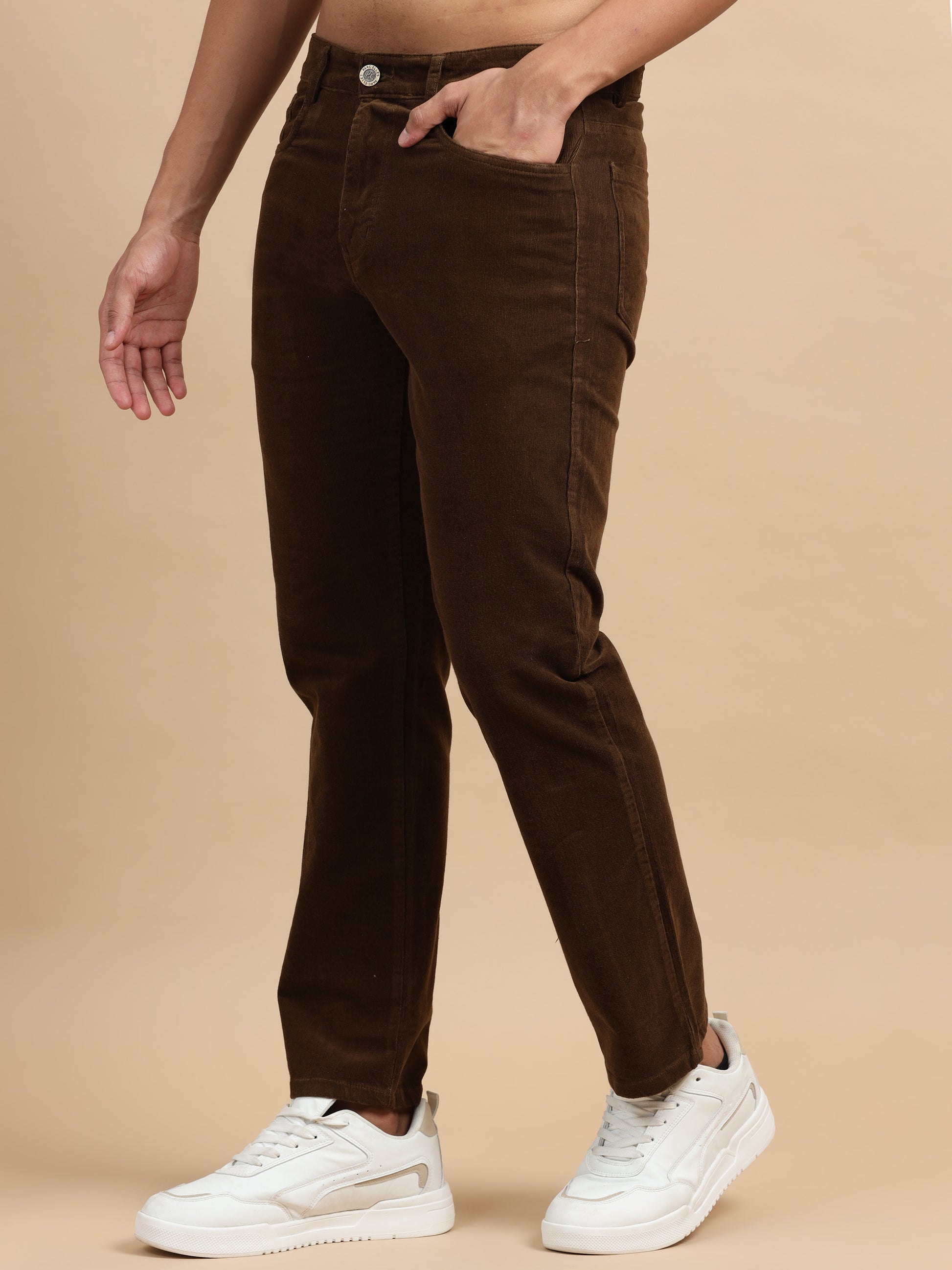 Ankle Length 4 pockets Coffee Brown Corduroy Pants for Men