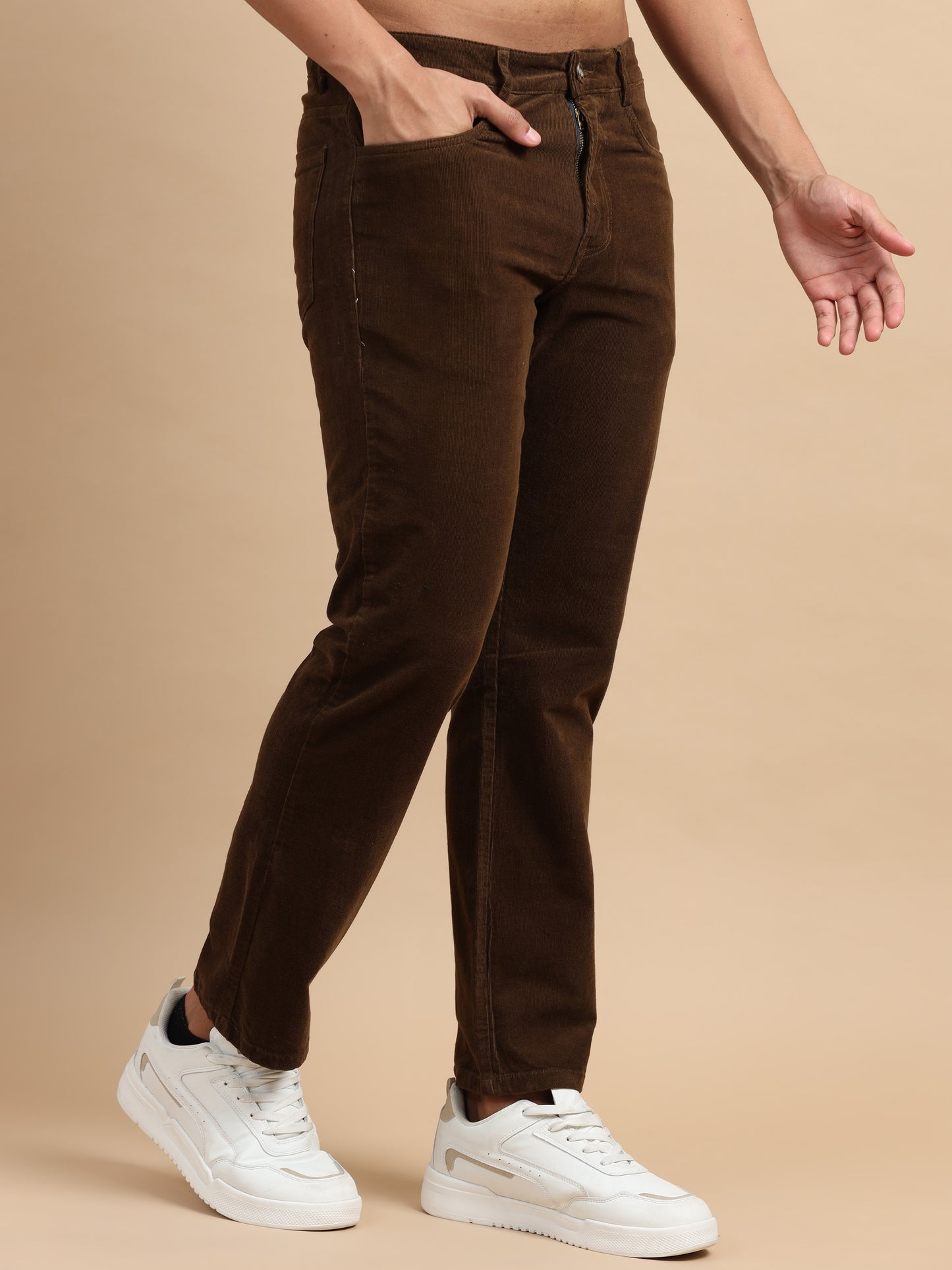 Ankle Length 4 pockets Coffee Brown Corduroy Pants for Men