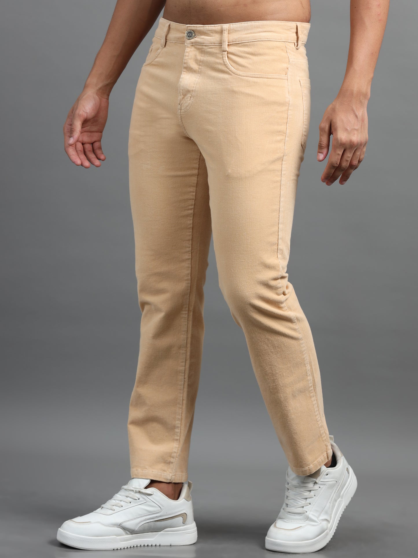 Ankle Length 4 pockets Beige Corduroy Pants for Men