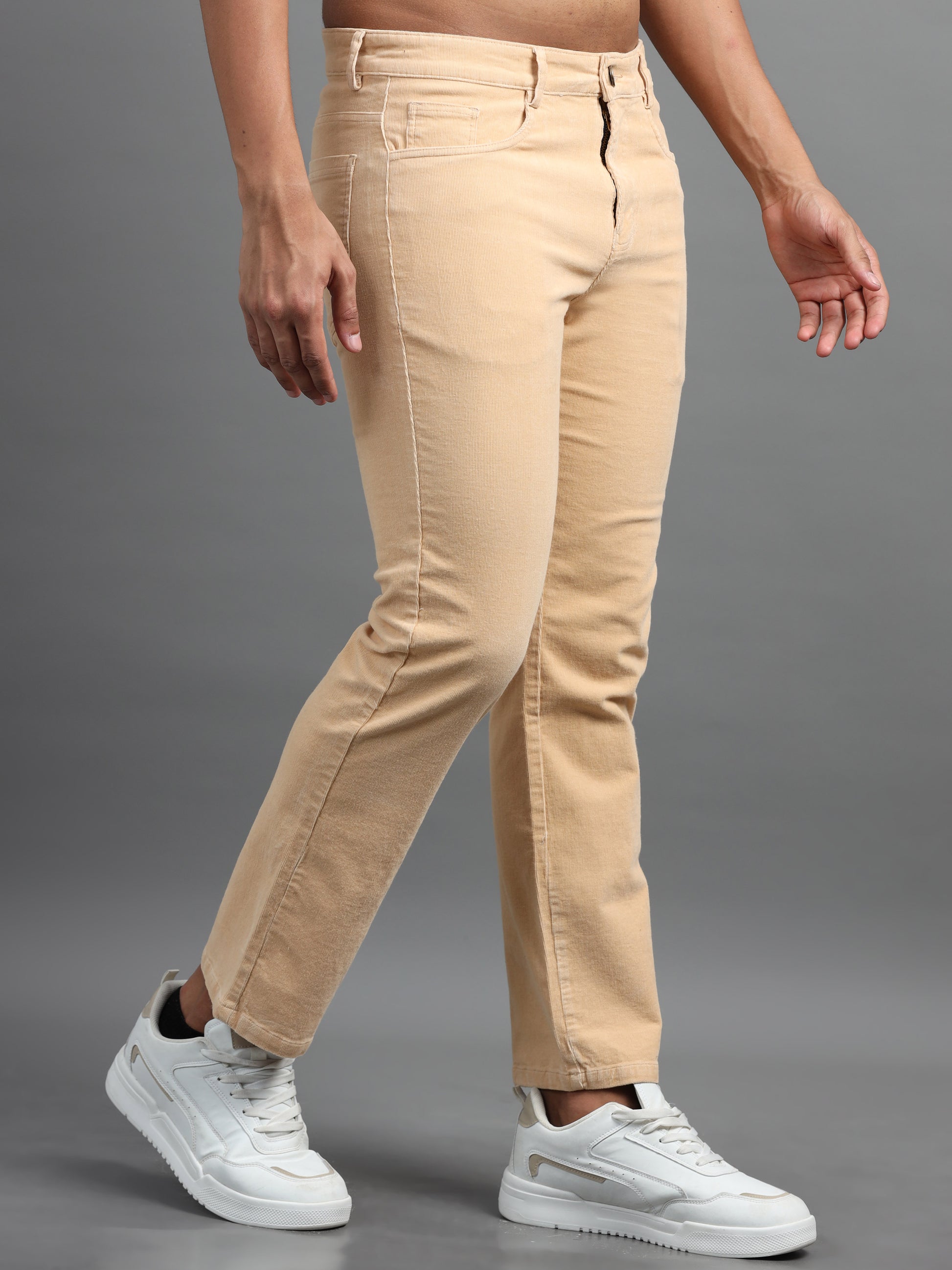 Ankle Length 4 pockets Beige Corduroy Pants for Men