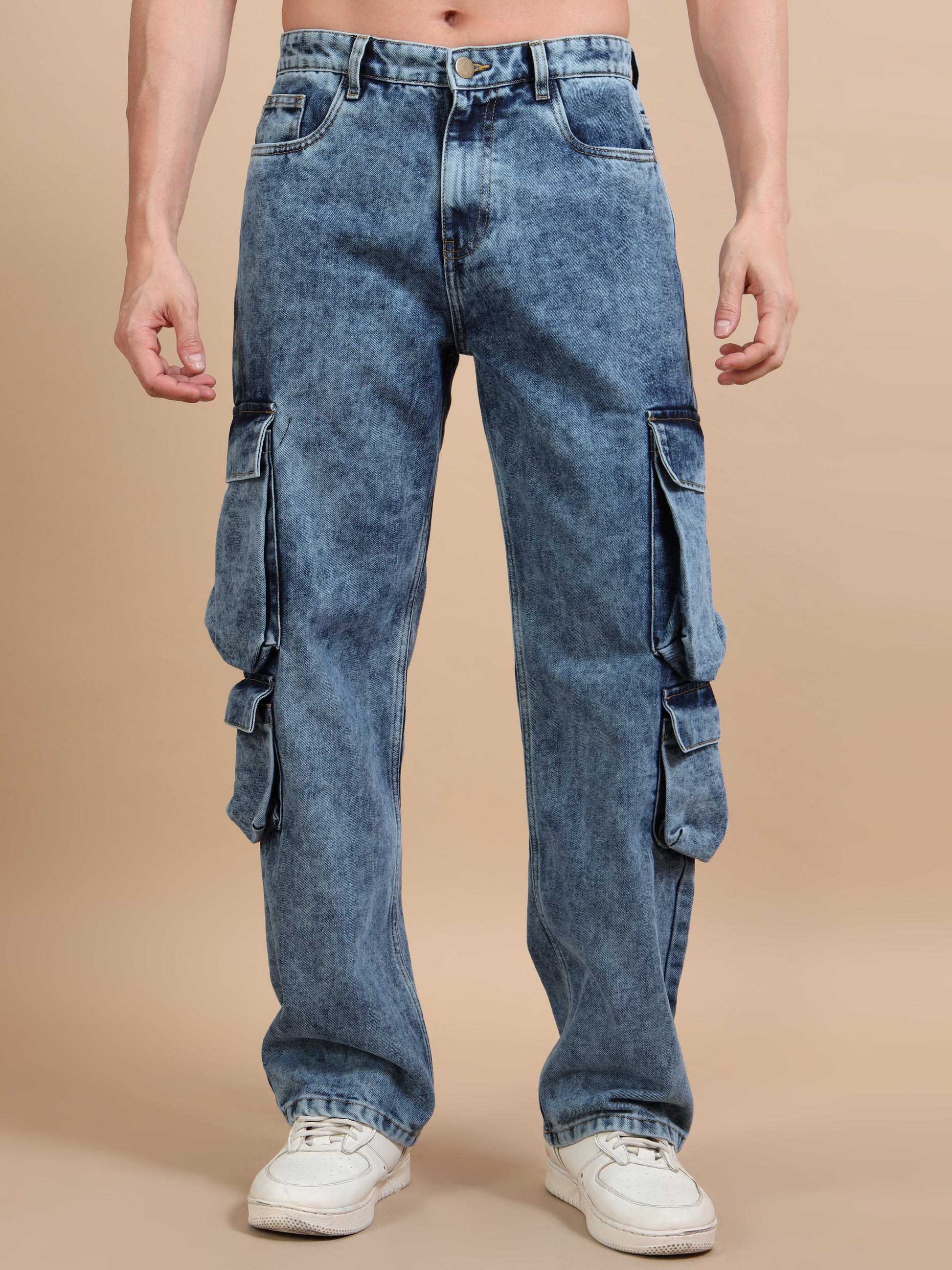 Blue Acid Wash 8-Pocket Denim Cargo Jeans for Men 