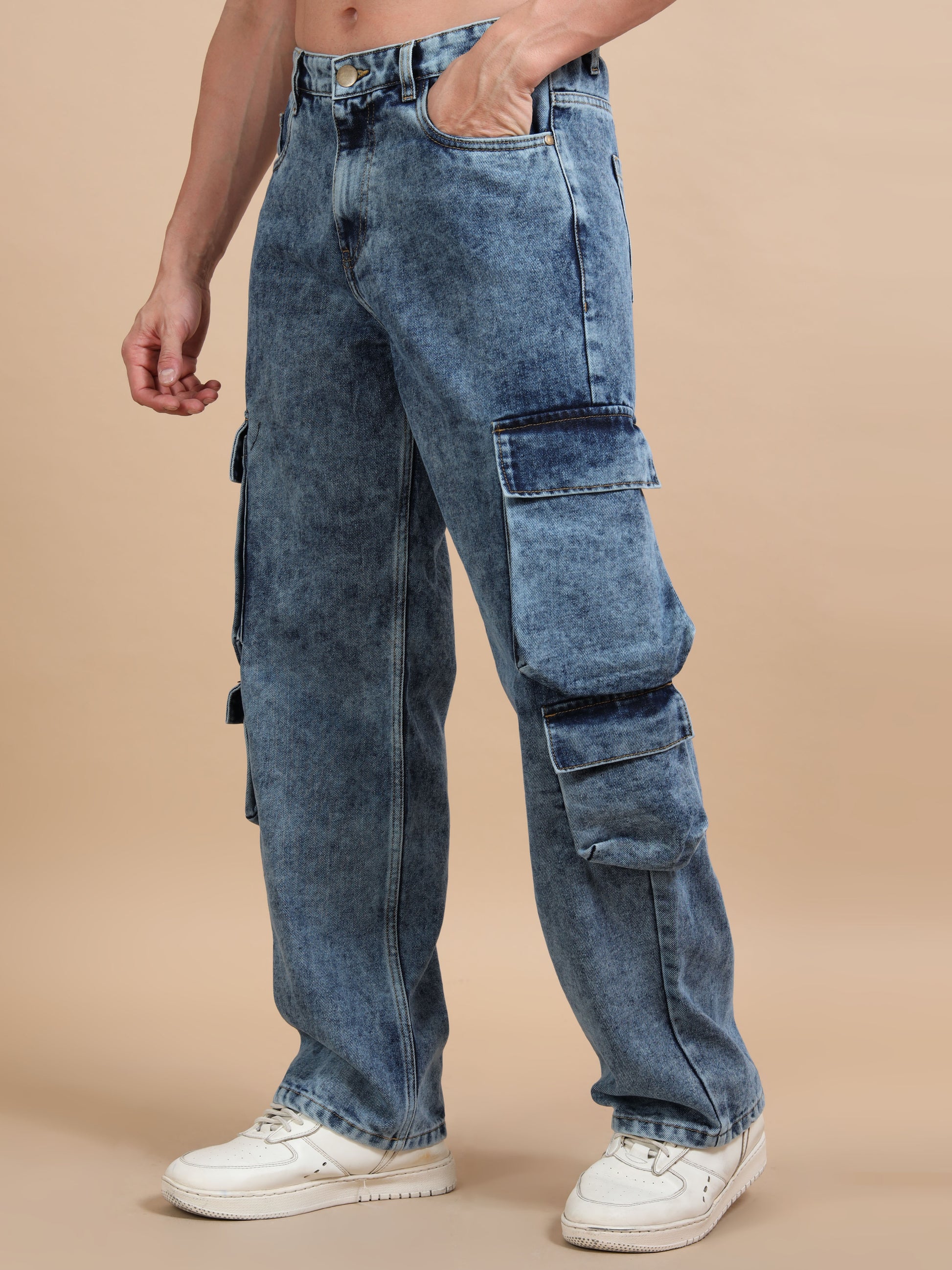 Blue Acid Wash 8-Pocket Denim Cargo Jeans for Men 