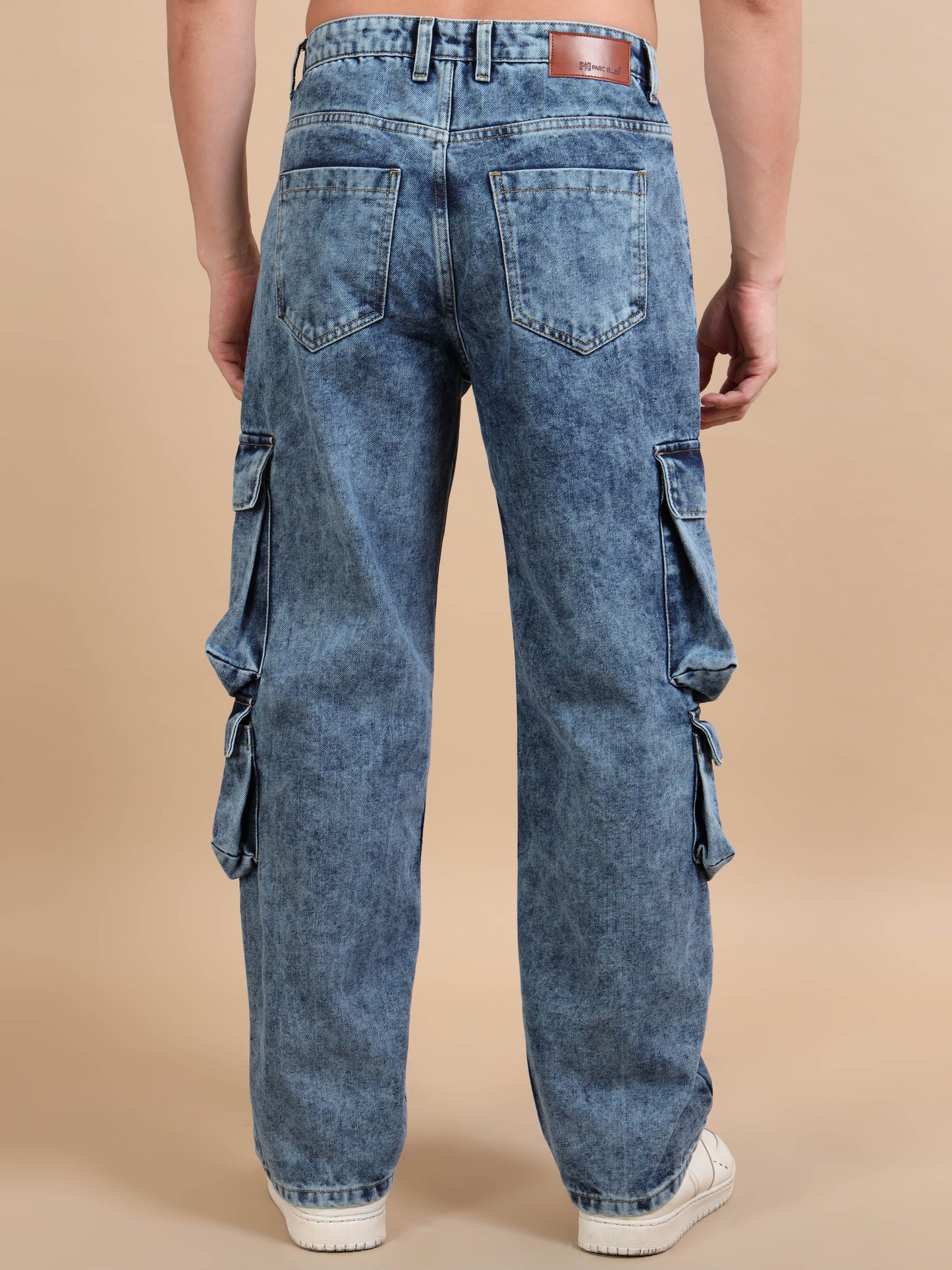 Blue Acid Wash 8-Pocket Denim Cargo Jeans for Men 