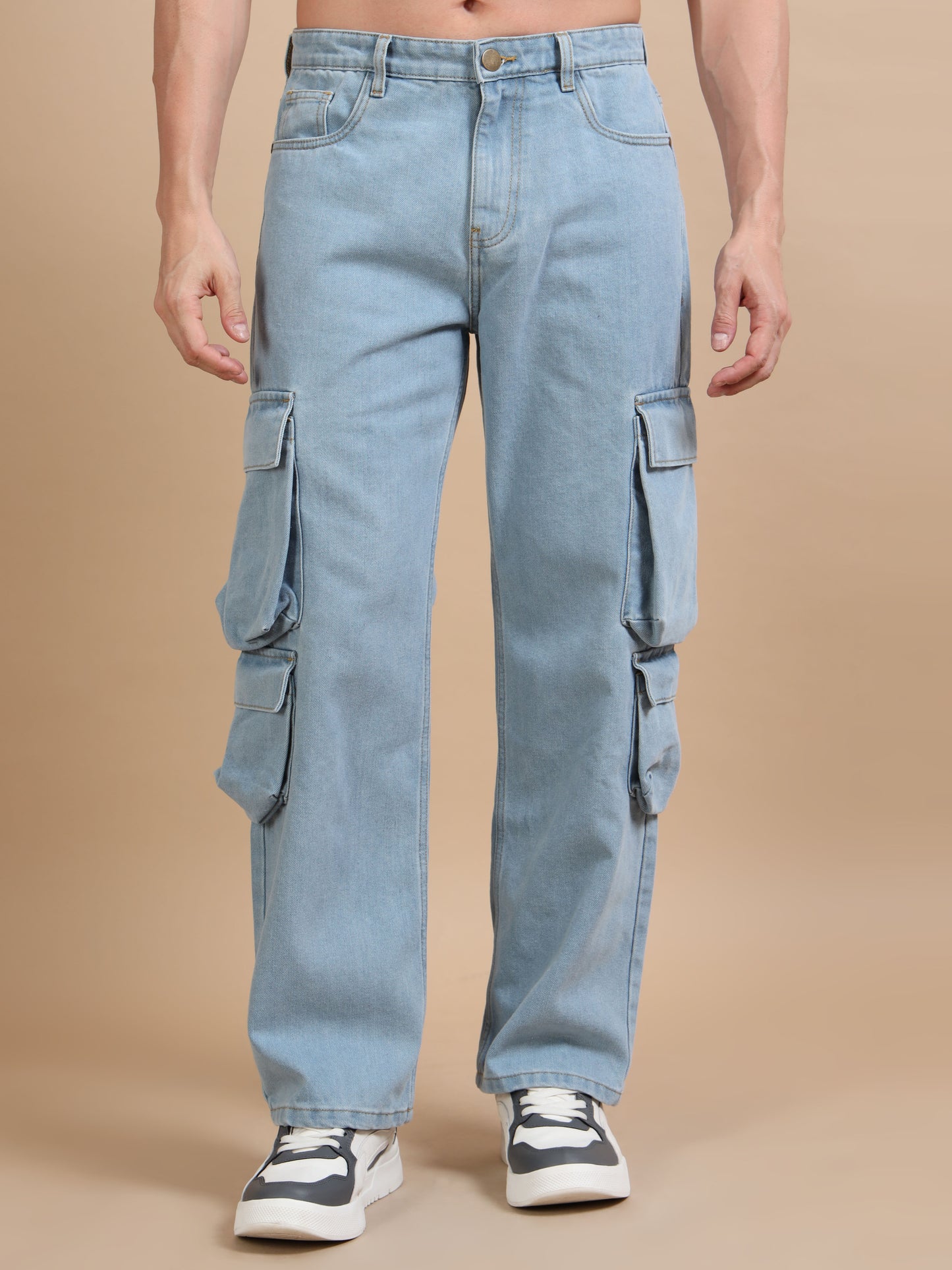 Light Blue 8-Pocket Denim Relaxed Fit Cargo Pants​