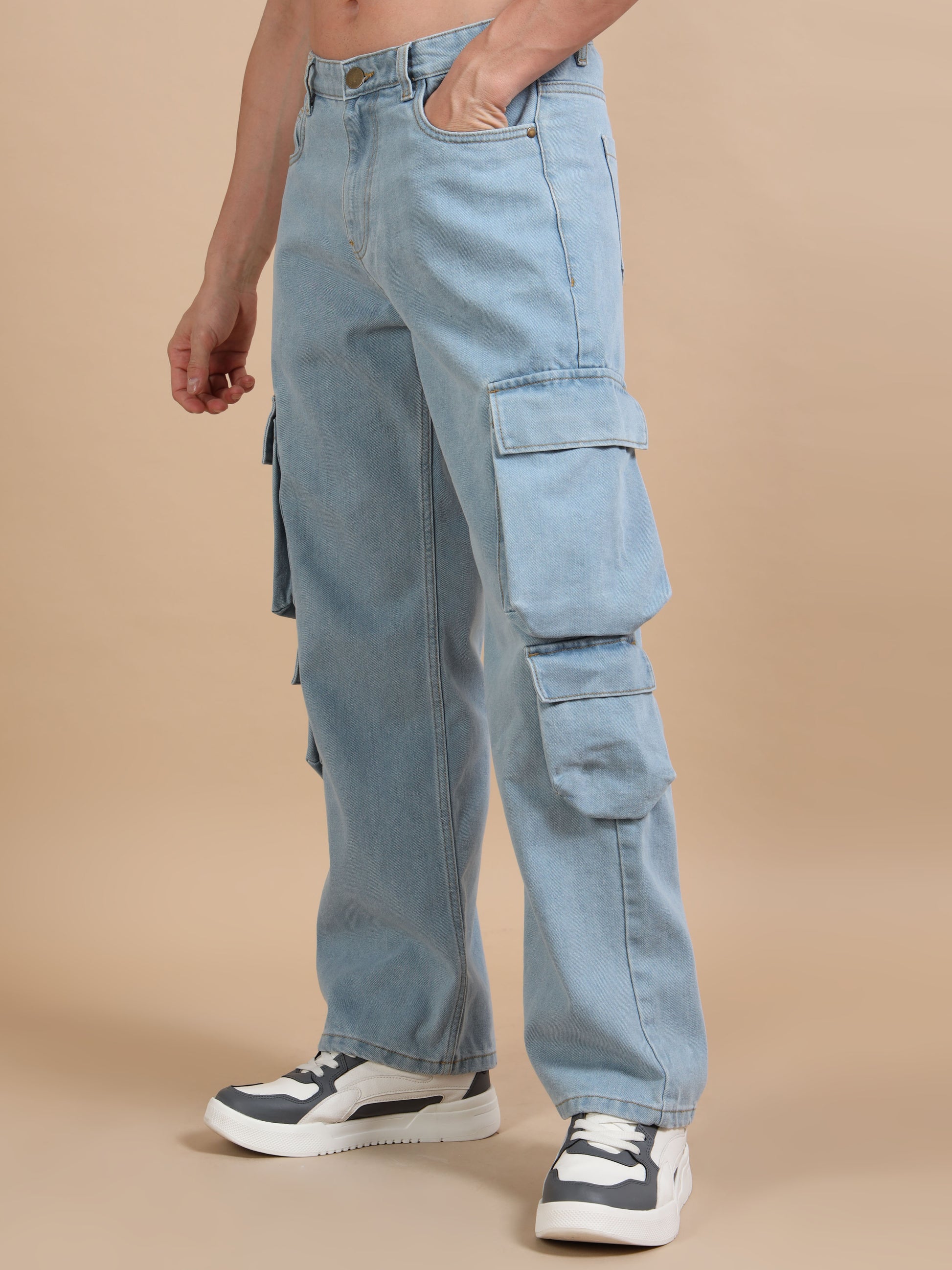 Light Blue 8-Pocket Denim Relaxed Fit Cargo Pants​