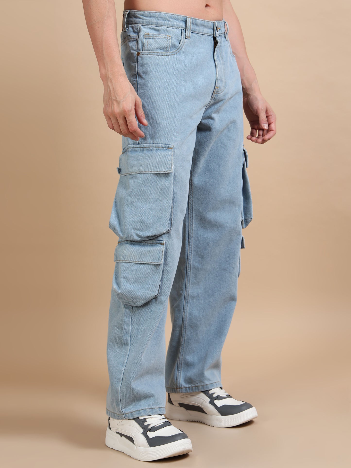 Light Blue 8-Pocket Denim Relaxed Fit Cargo Pants​