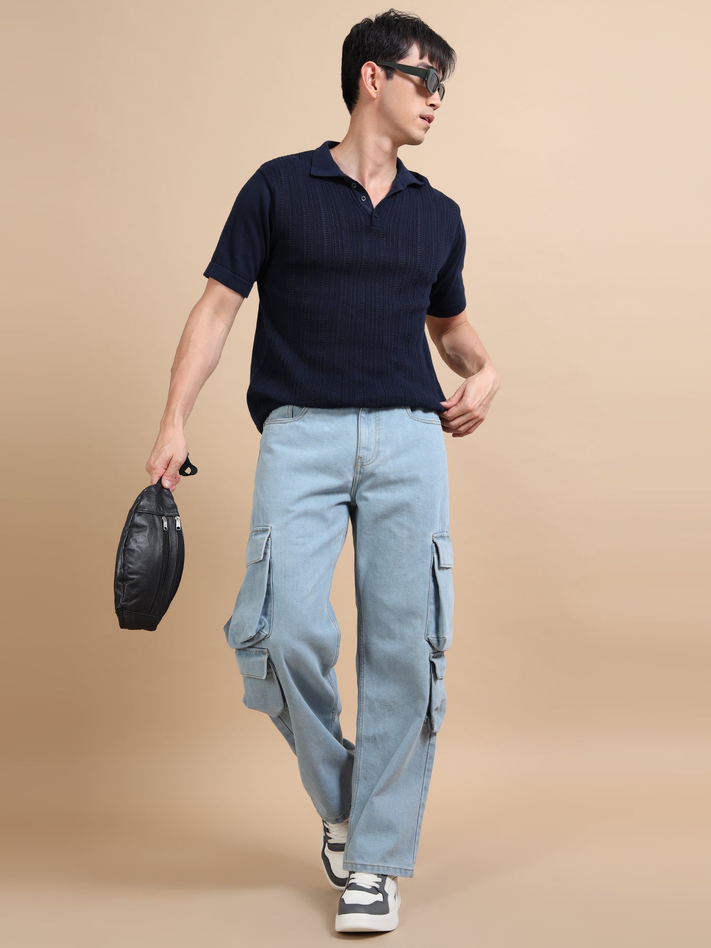 Light Blue 8-Pocket Denim Relaxed Fit Cargo Pants​