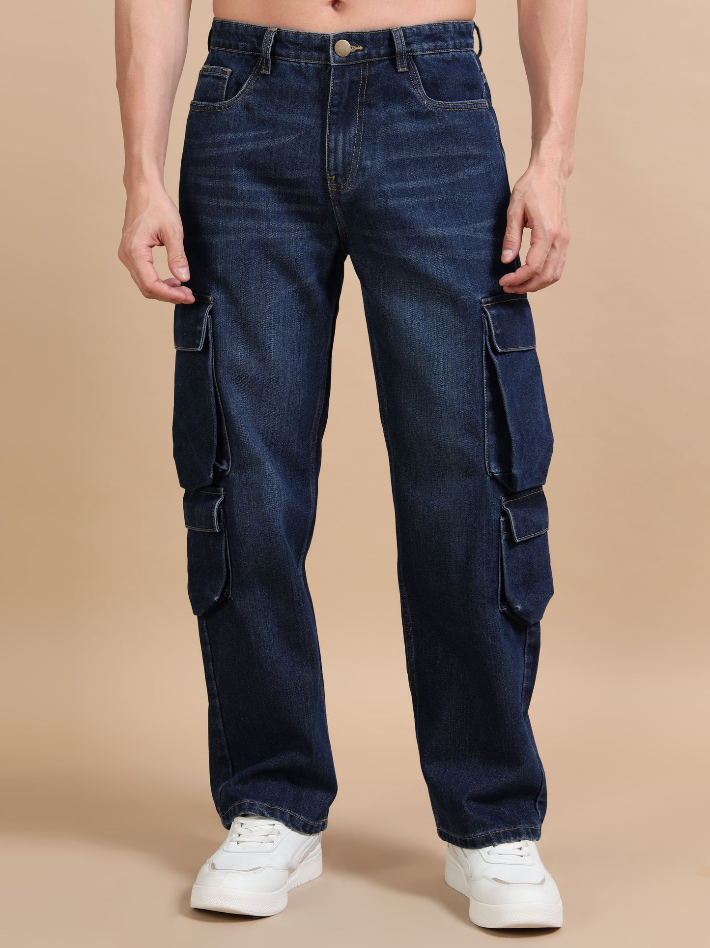 Dark Blue 8-Pocket Denim Jeans Cargo Pants​ for Men