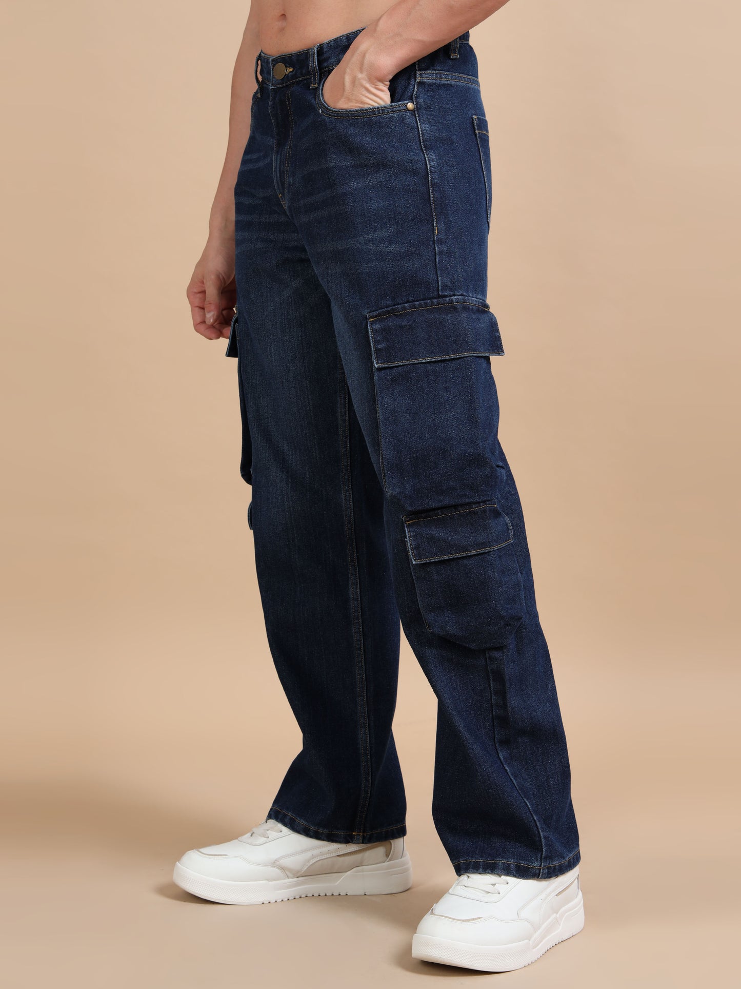 Dark Blue 8-Pocket Denim Jeans Cargo Pants​ for Men