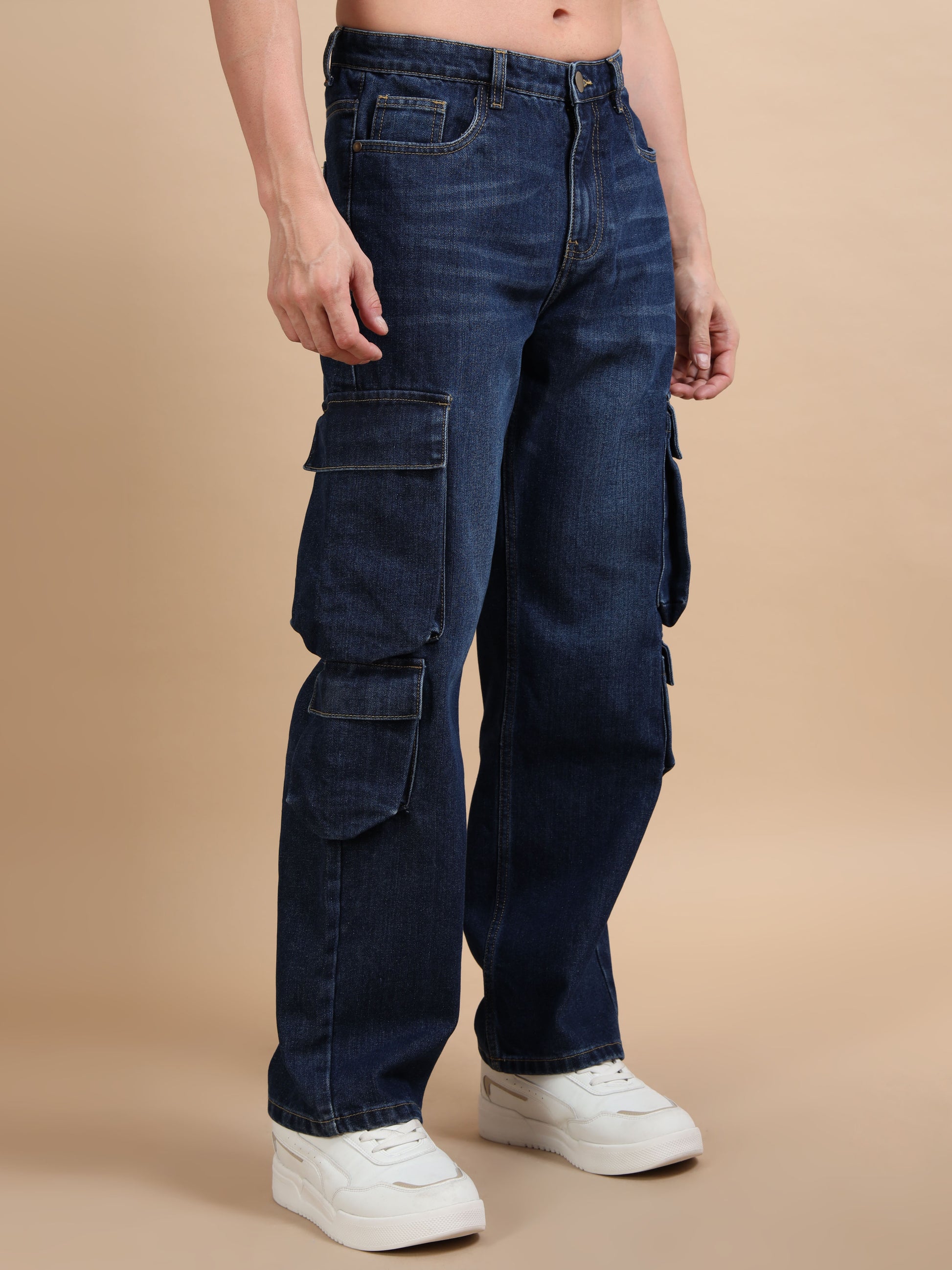 Dark Blue 8-Pocket Denim Jeans Cargo Pants​ for Men