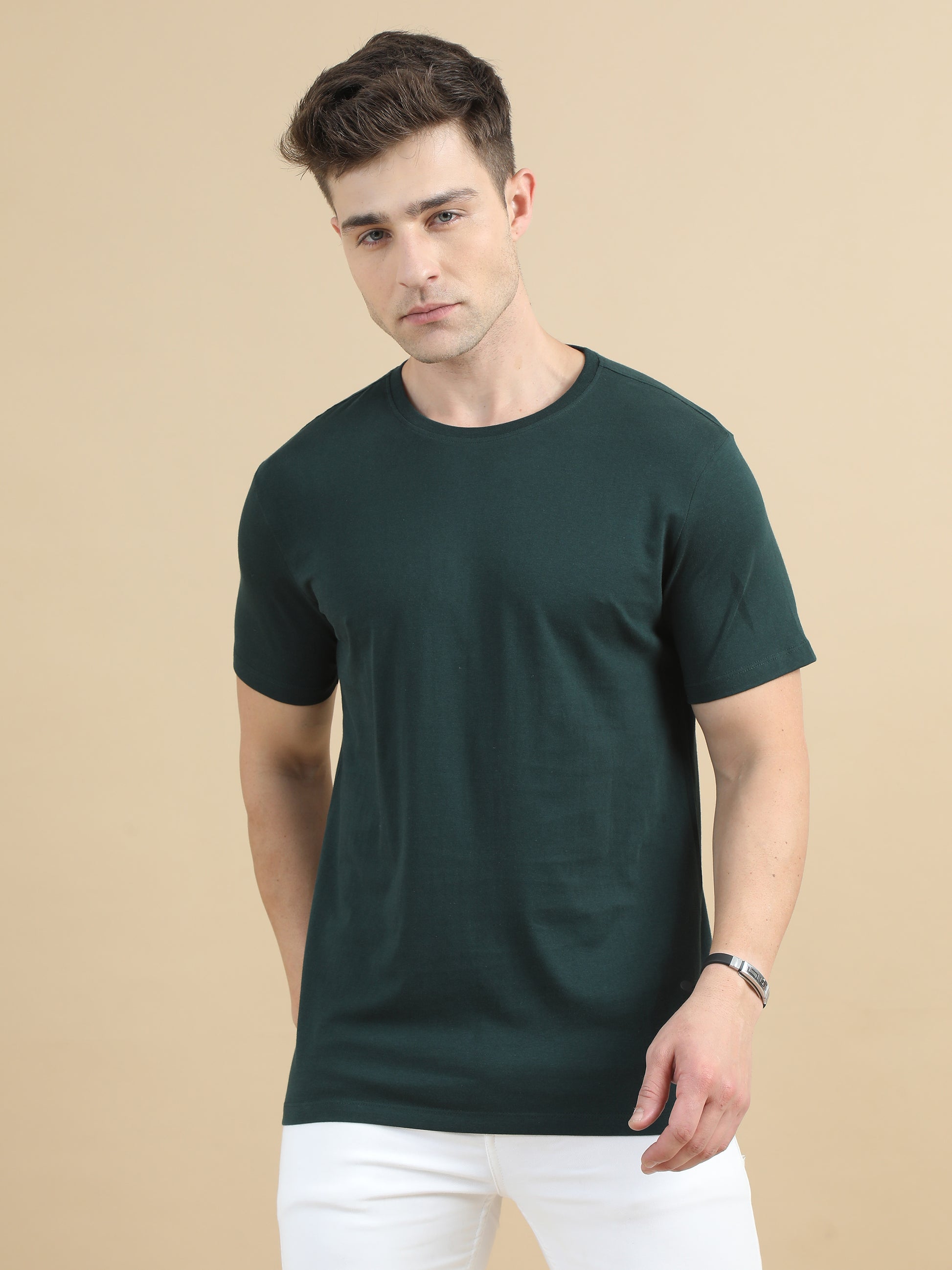 Crew Neck Solid Dark Green T-Shirt For Men