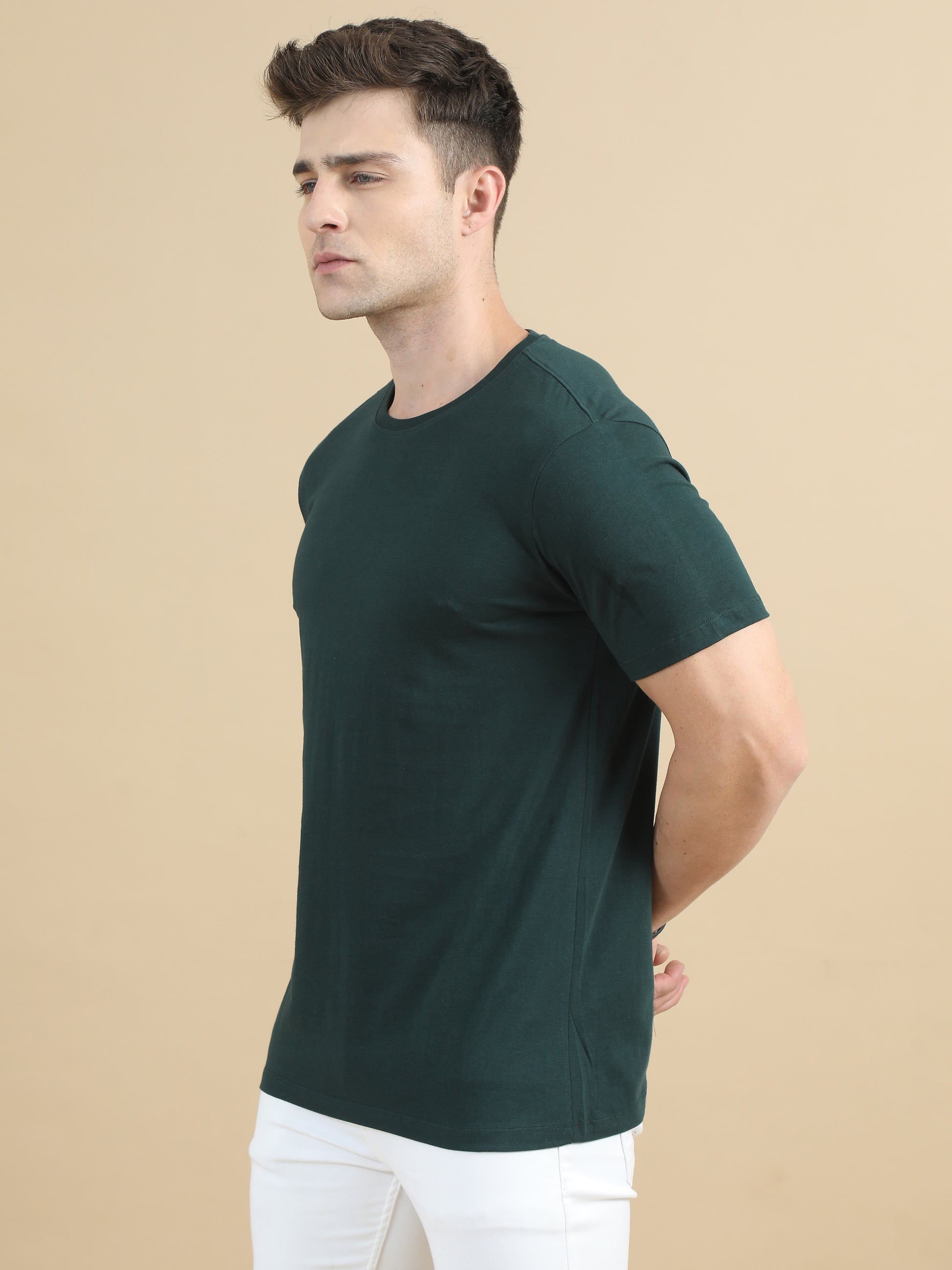 Crew Neck Solid Dark Green T-Shirt For Men