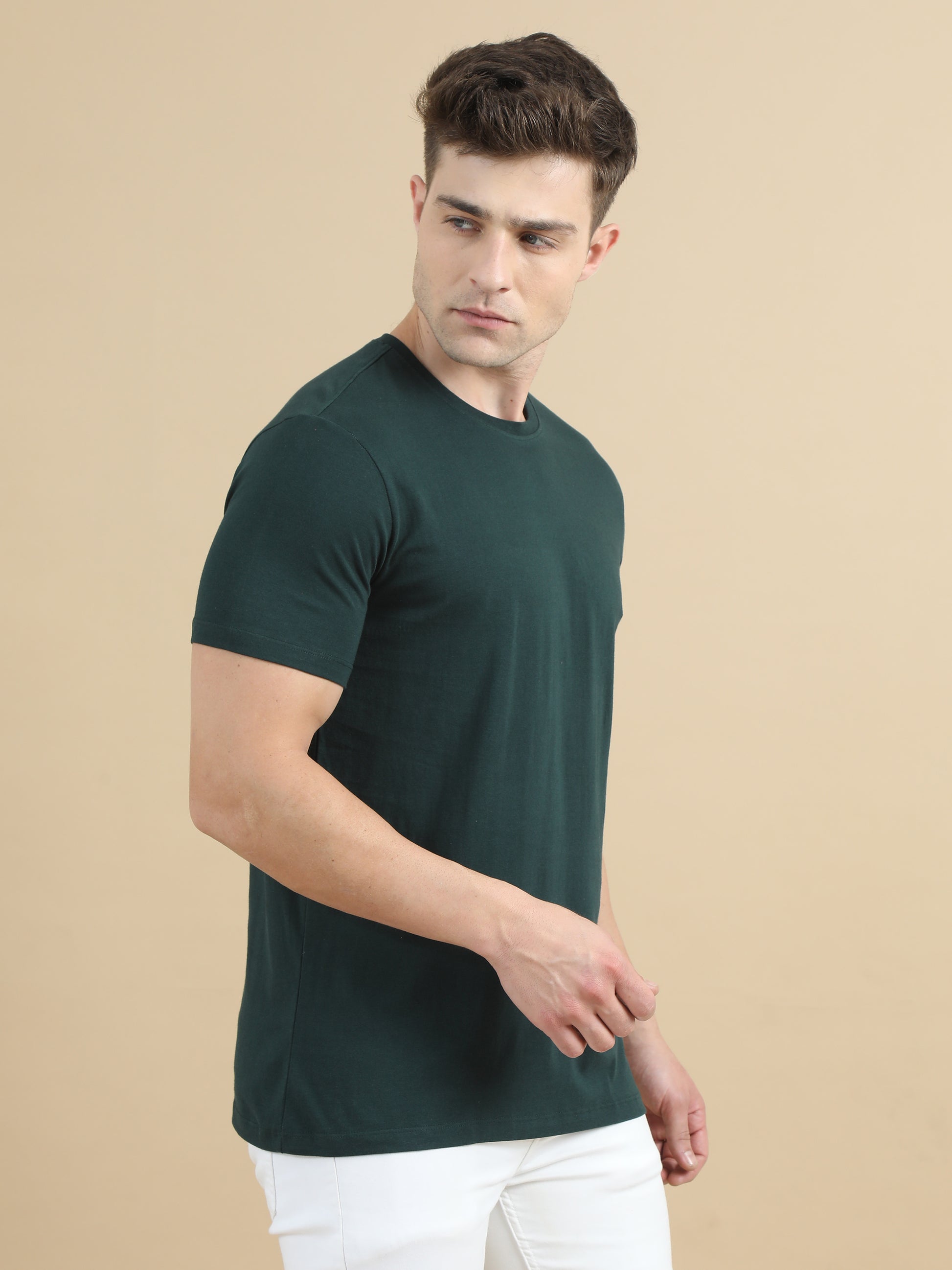 Crew Neck Solid Dark Green T-Shirt For Men