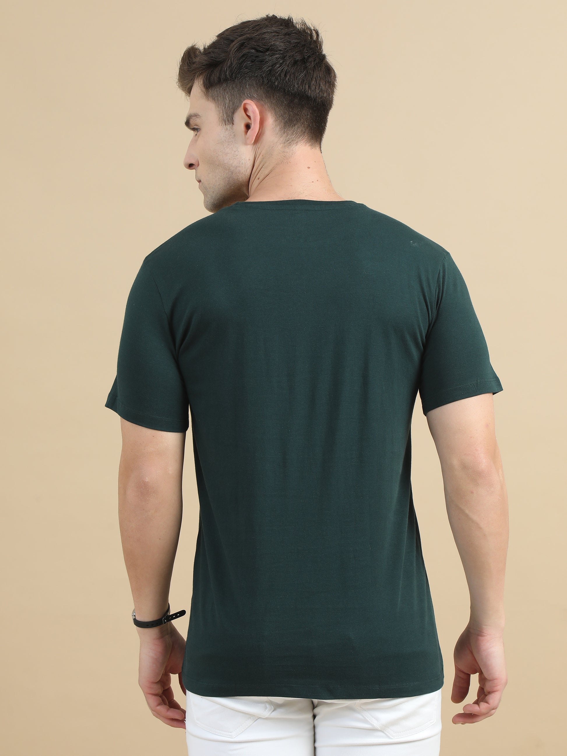 Crew Neck Solid Dark Green T-Shirt For Men