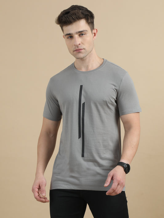 Grey Printed Line T Shirt Men 