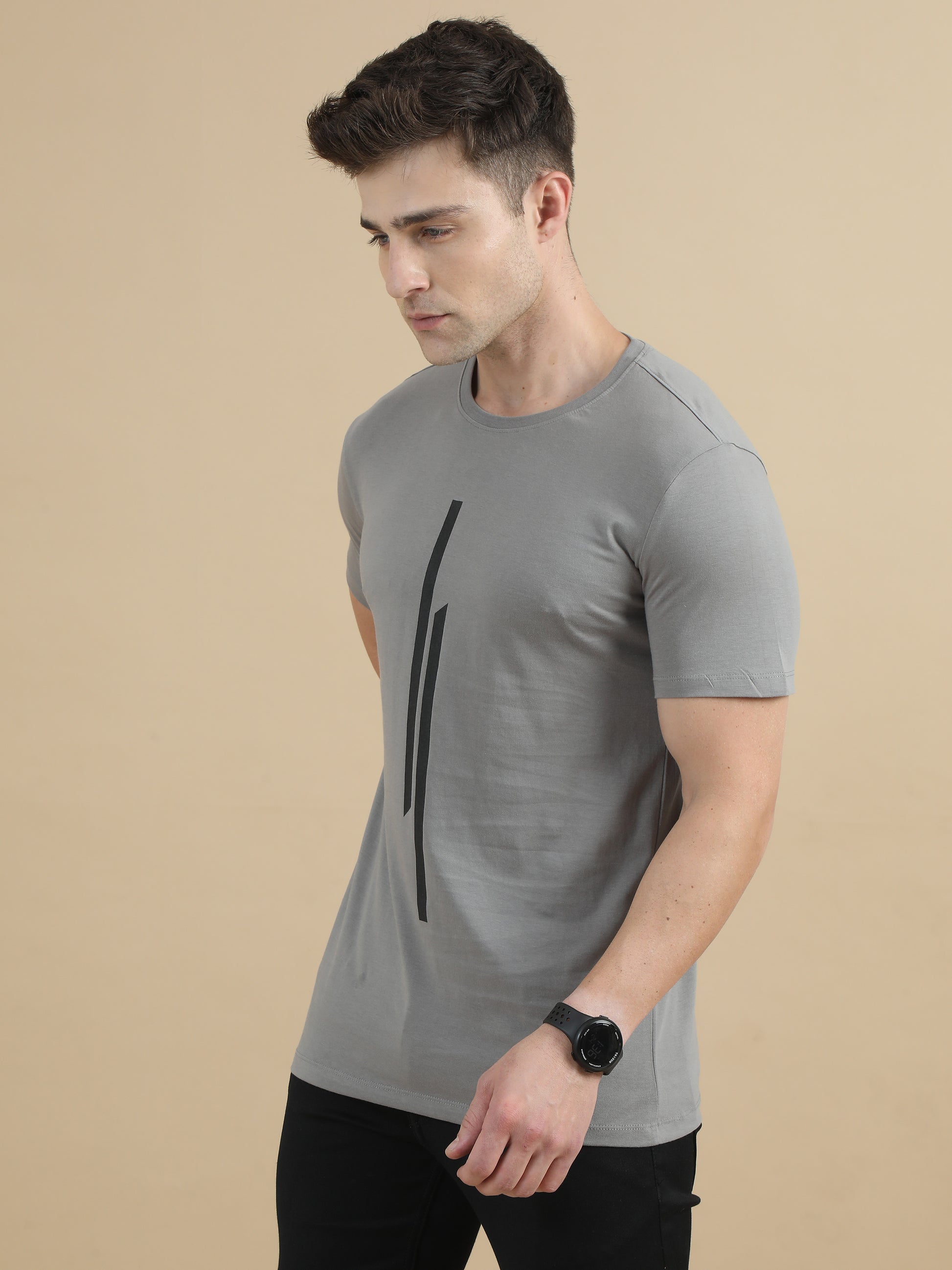 Grey Printed Line T Shirt Men 