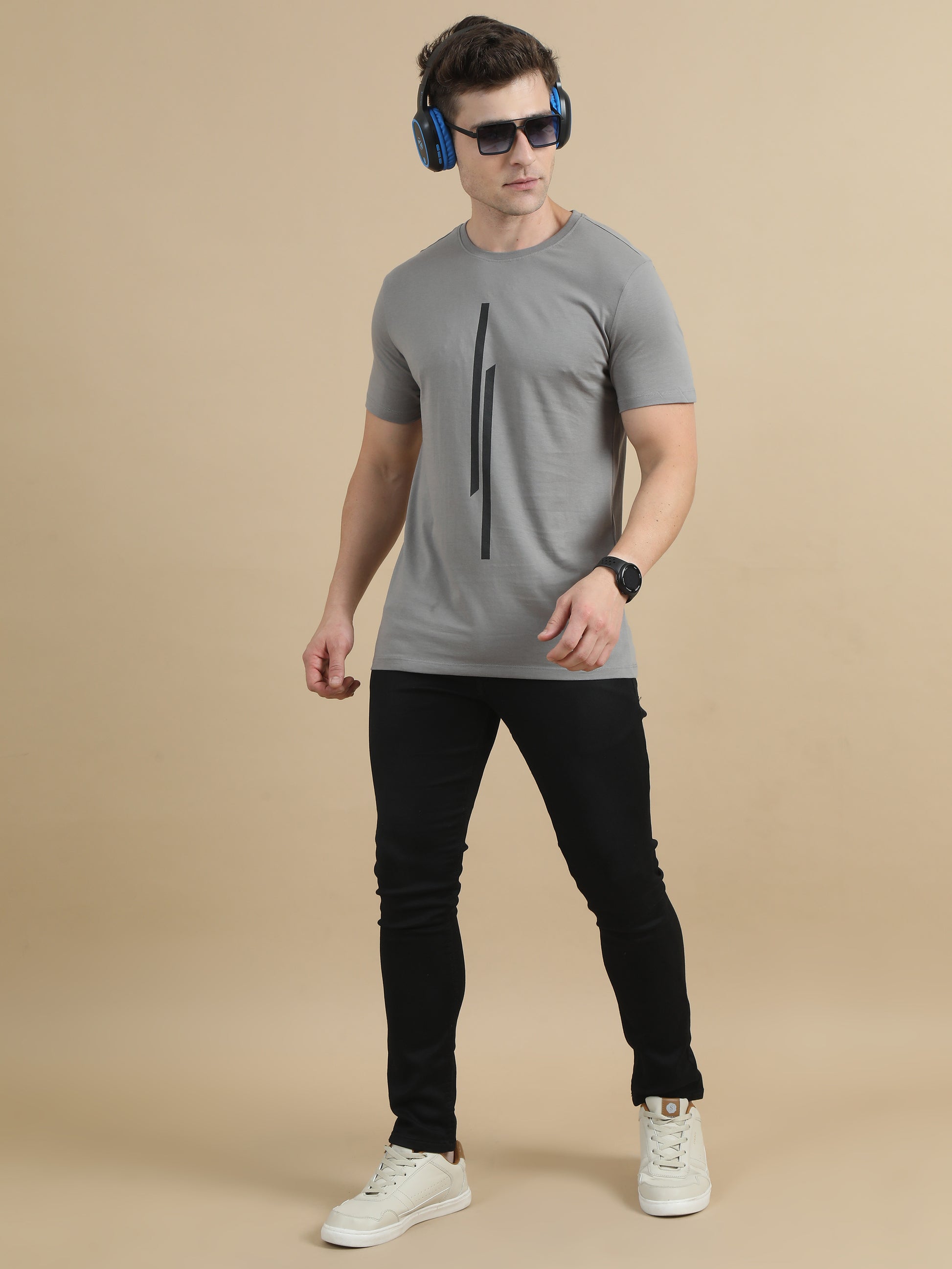  Grey Printed Line T Shirt Men