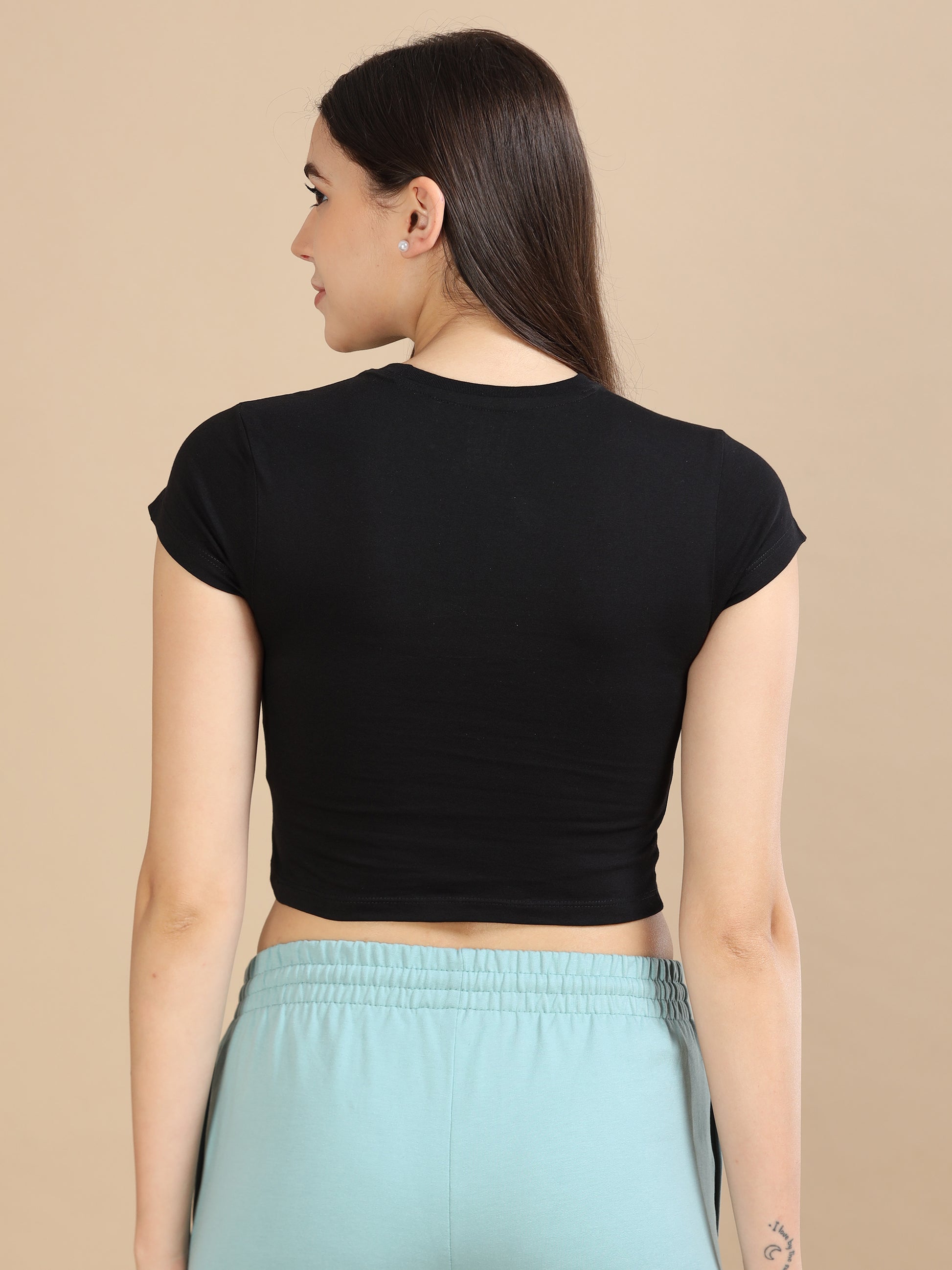  Crew Neck Black Crop T Shirt for Women 