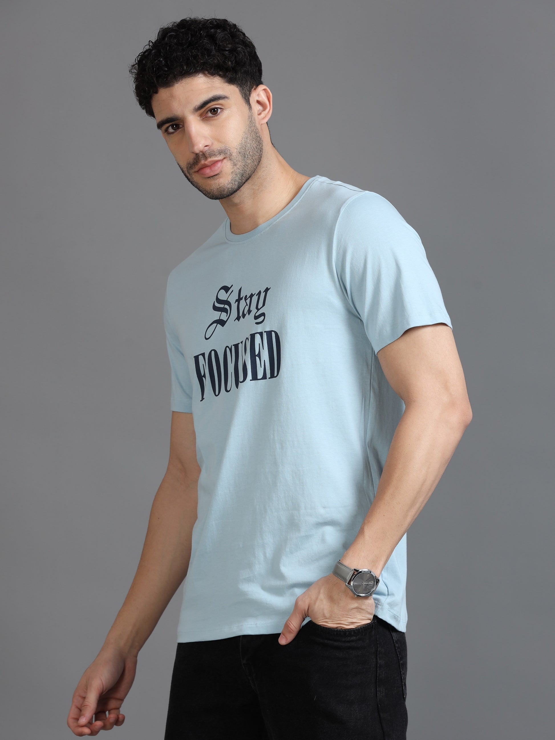 Stay Focused Light Blue Printed T Shirt for Men