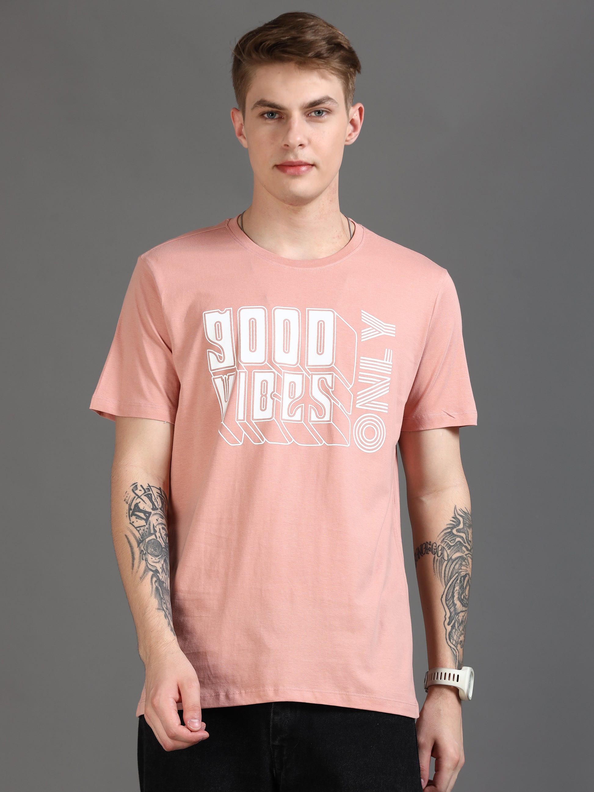  Good Vibes pink t shirt mens