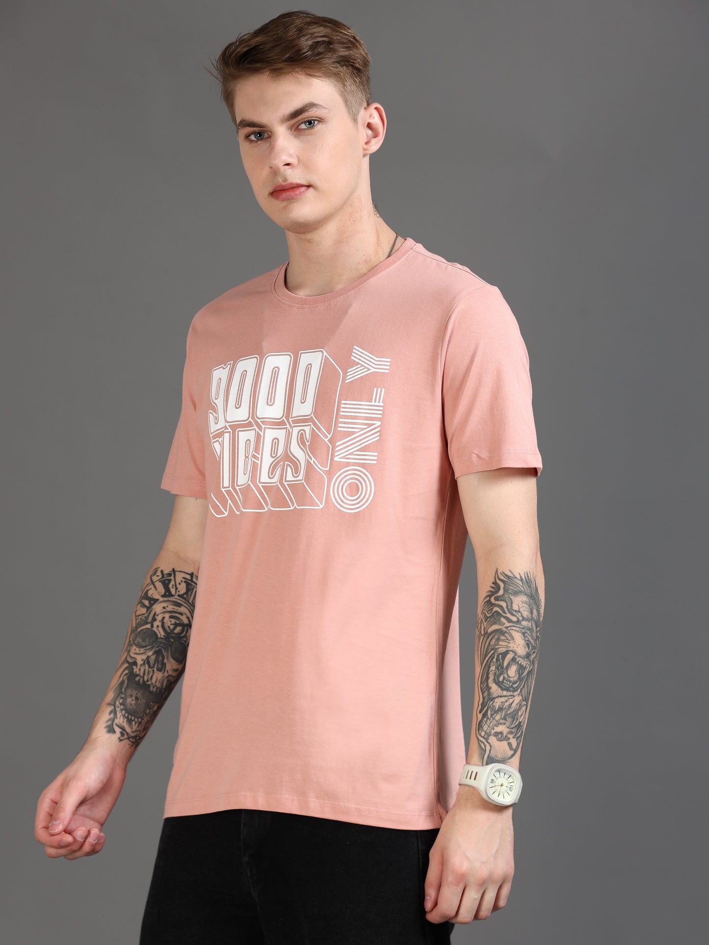  Good Vibes pink t shirt mens