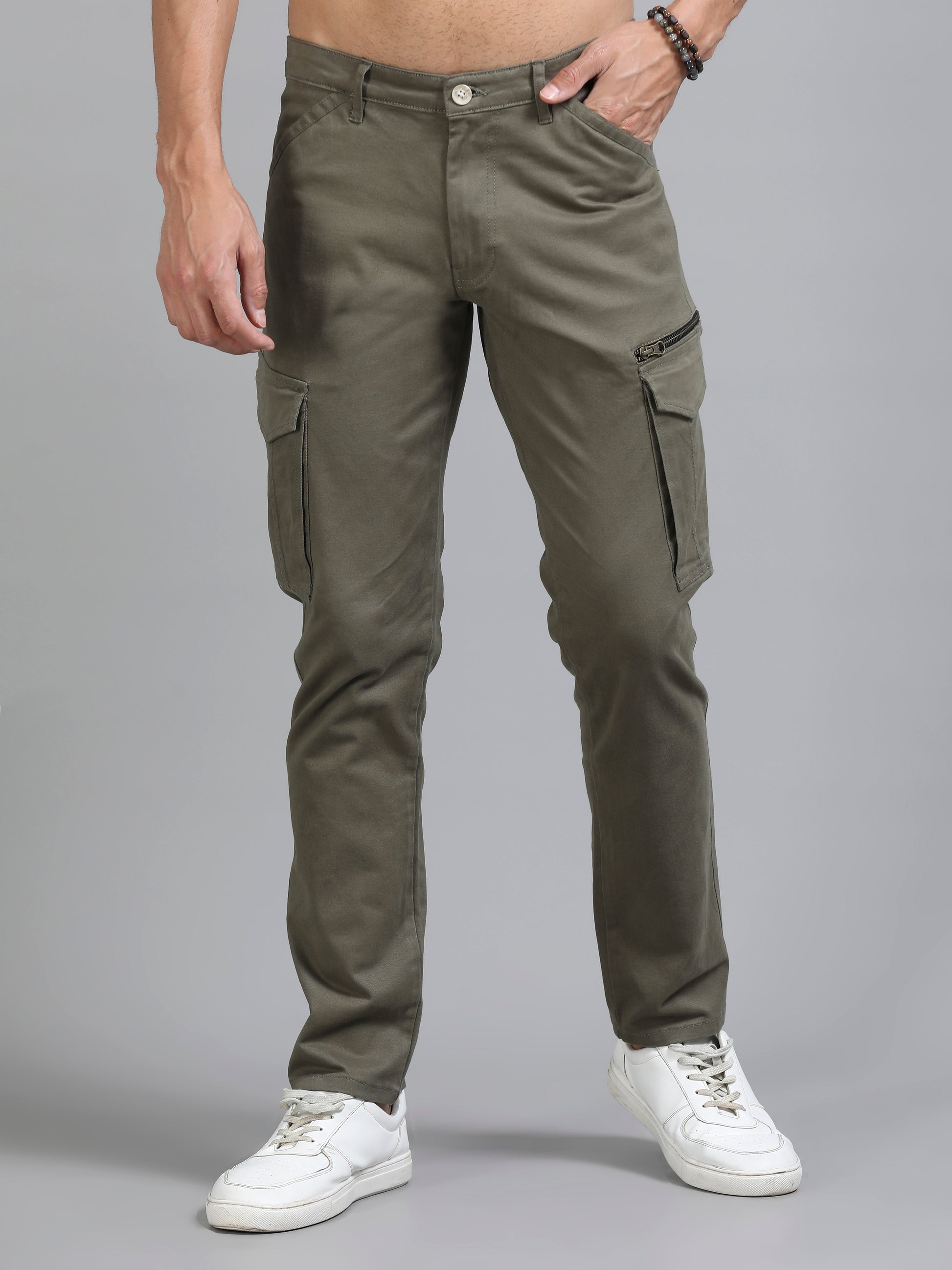 Cotton Lycra Mens Olive Green Cargo Pants