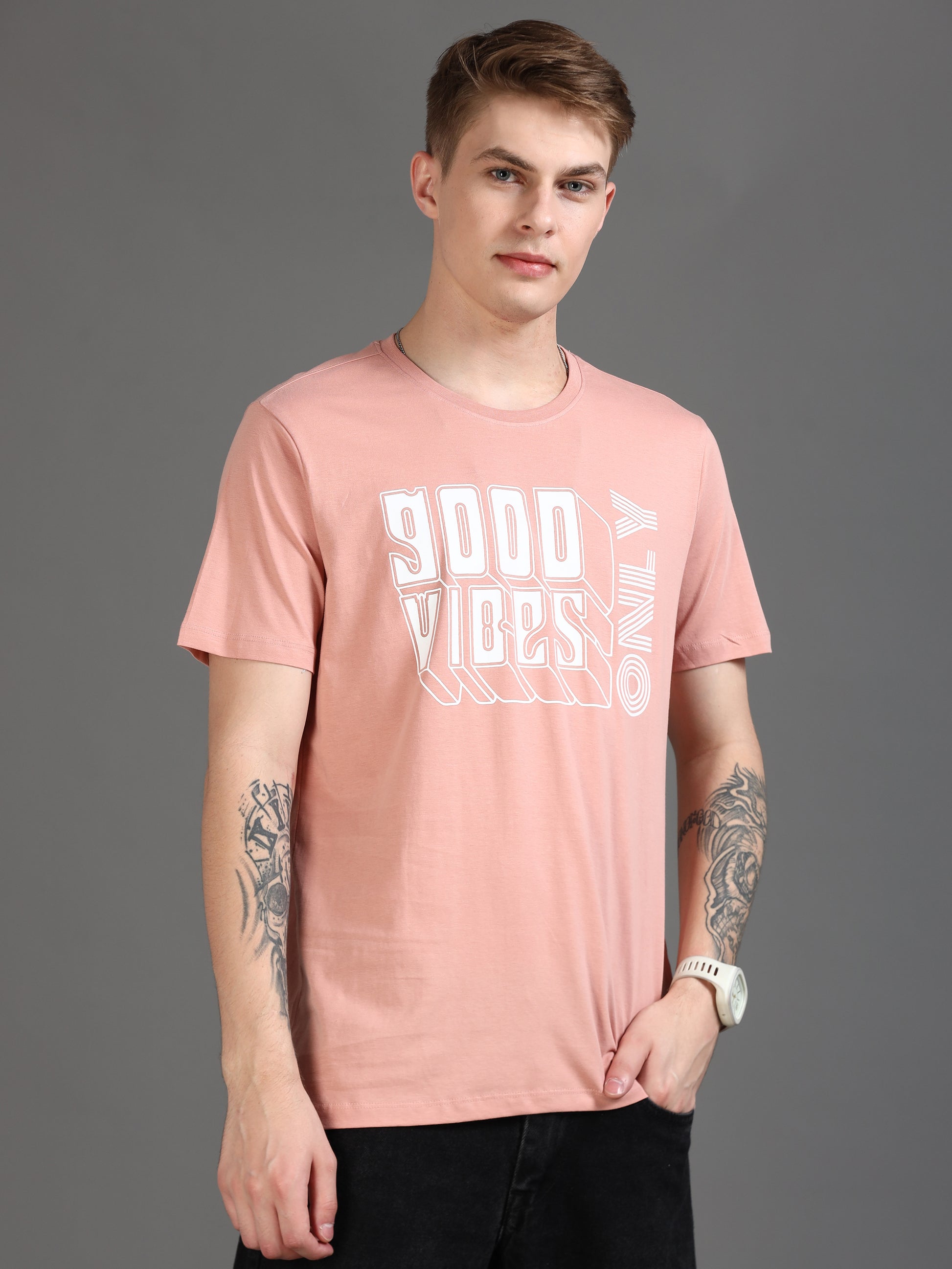  Good Vibes pink t shirt mens