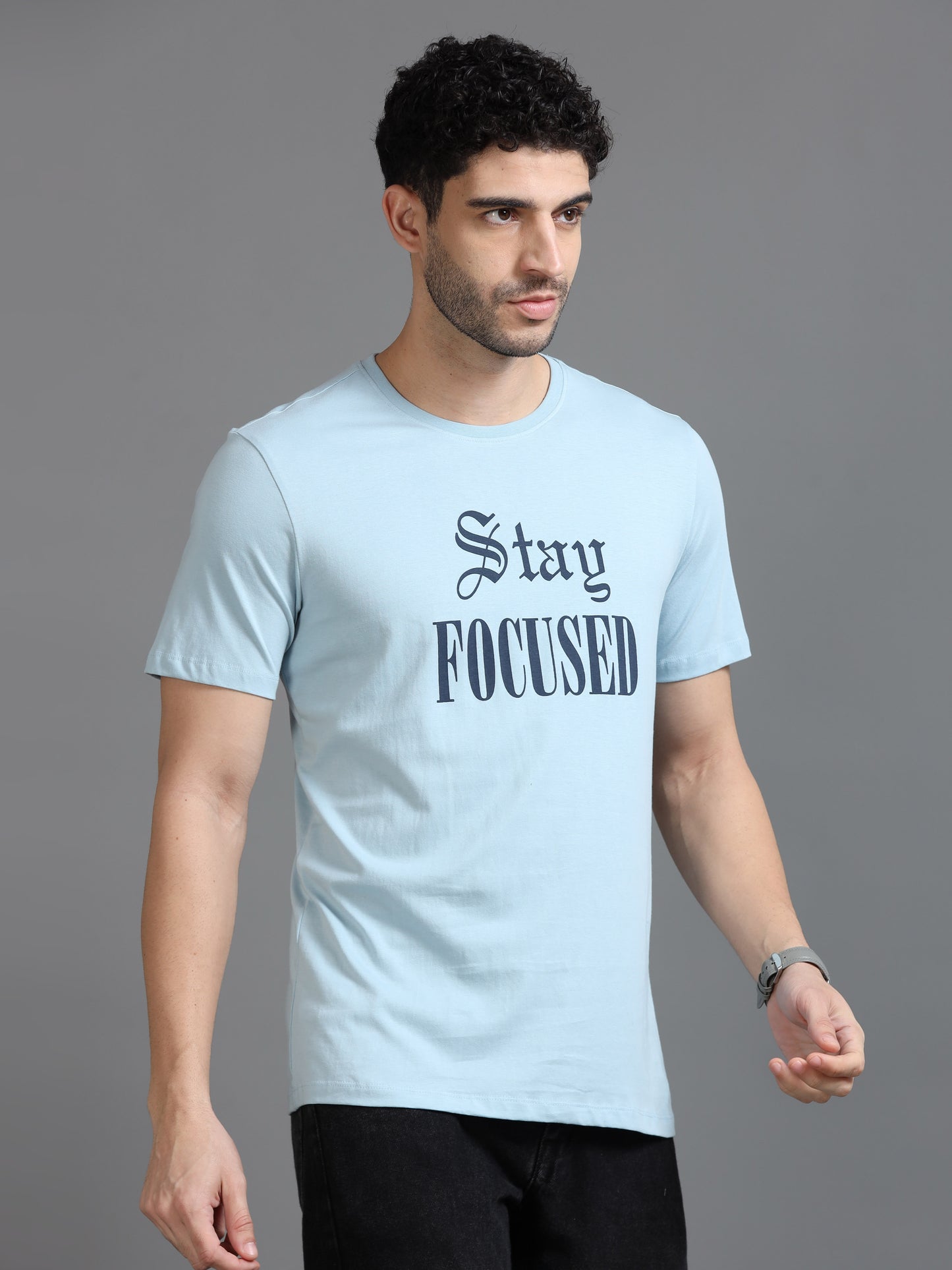 Stay Focused Light Blue Printed T Shirt for Men