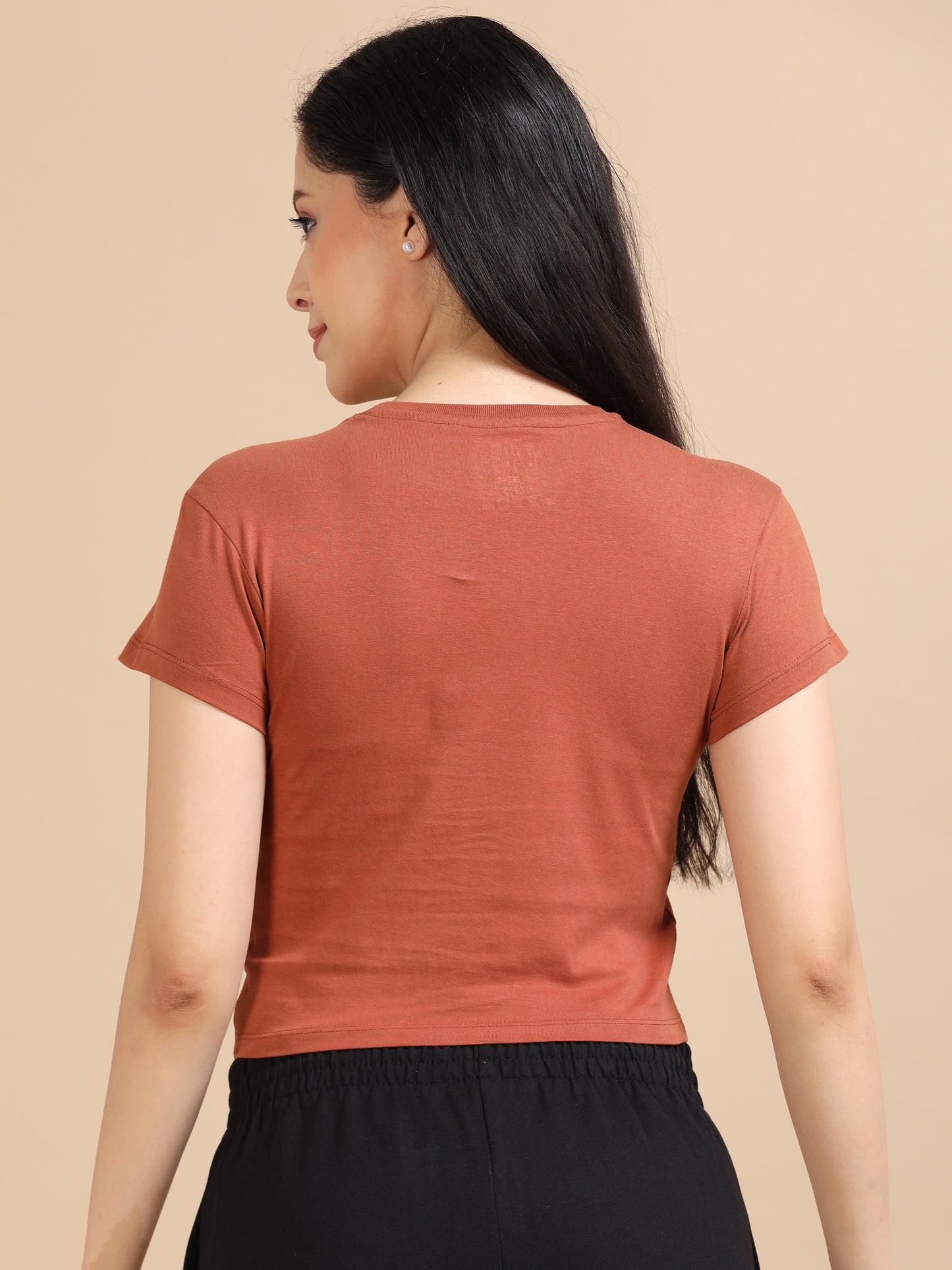 Crew Neck Womens Dull Orange Crop Top 