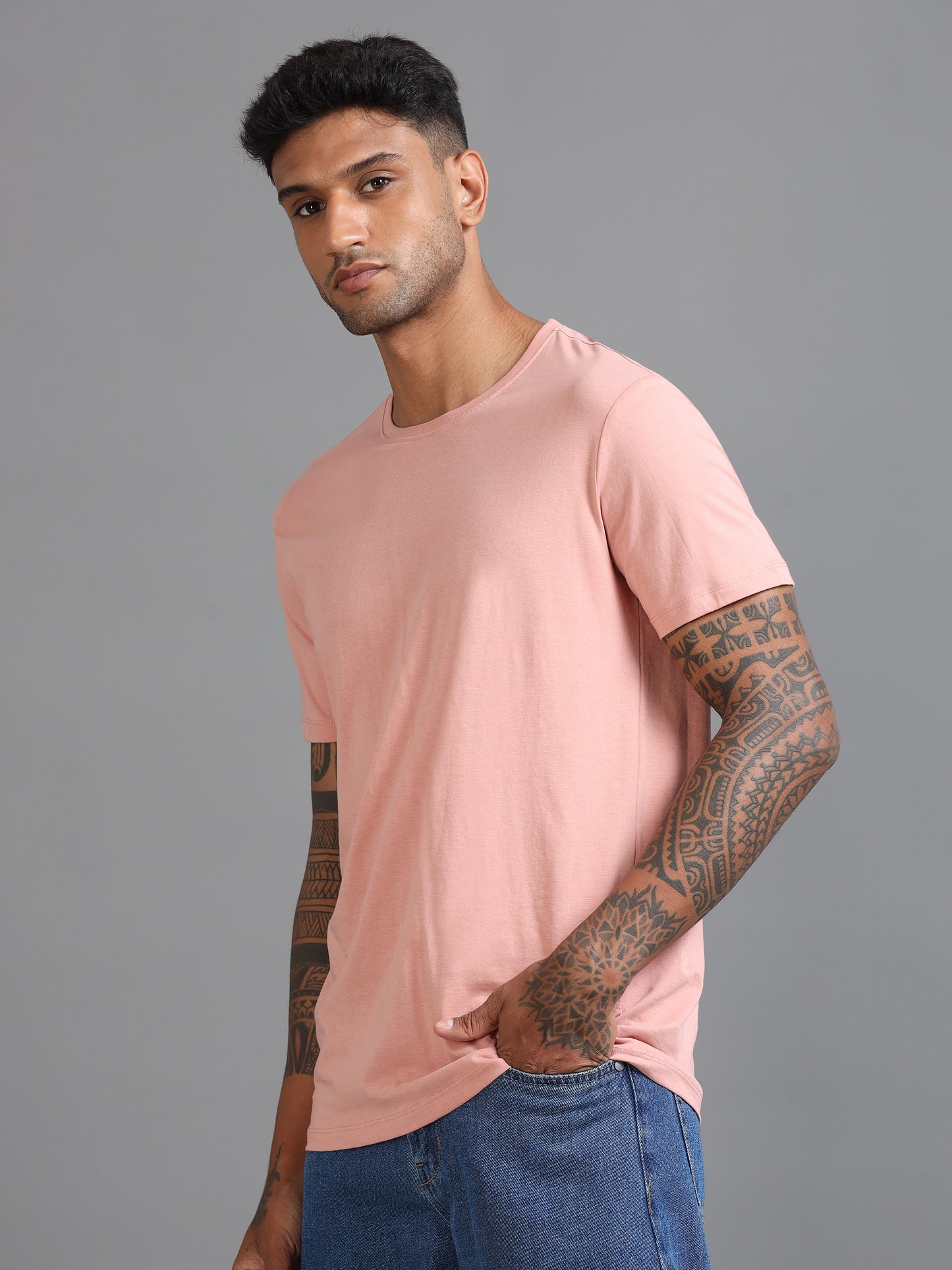 Crew Neck Men Solid T-Shirt - Pink