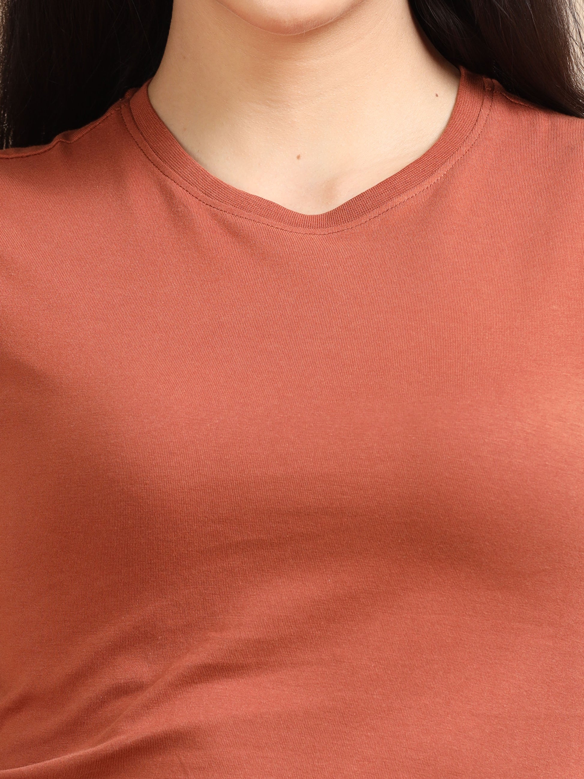 Crew Neck Womens Dull Orange Crop Top 