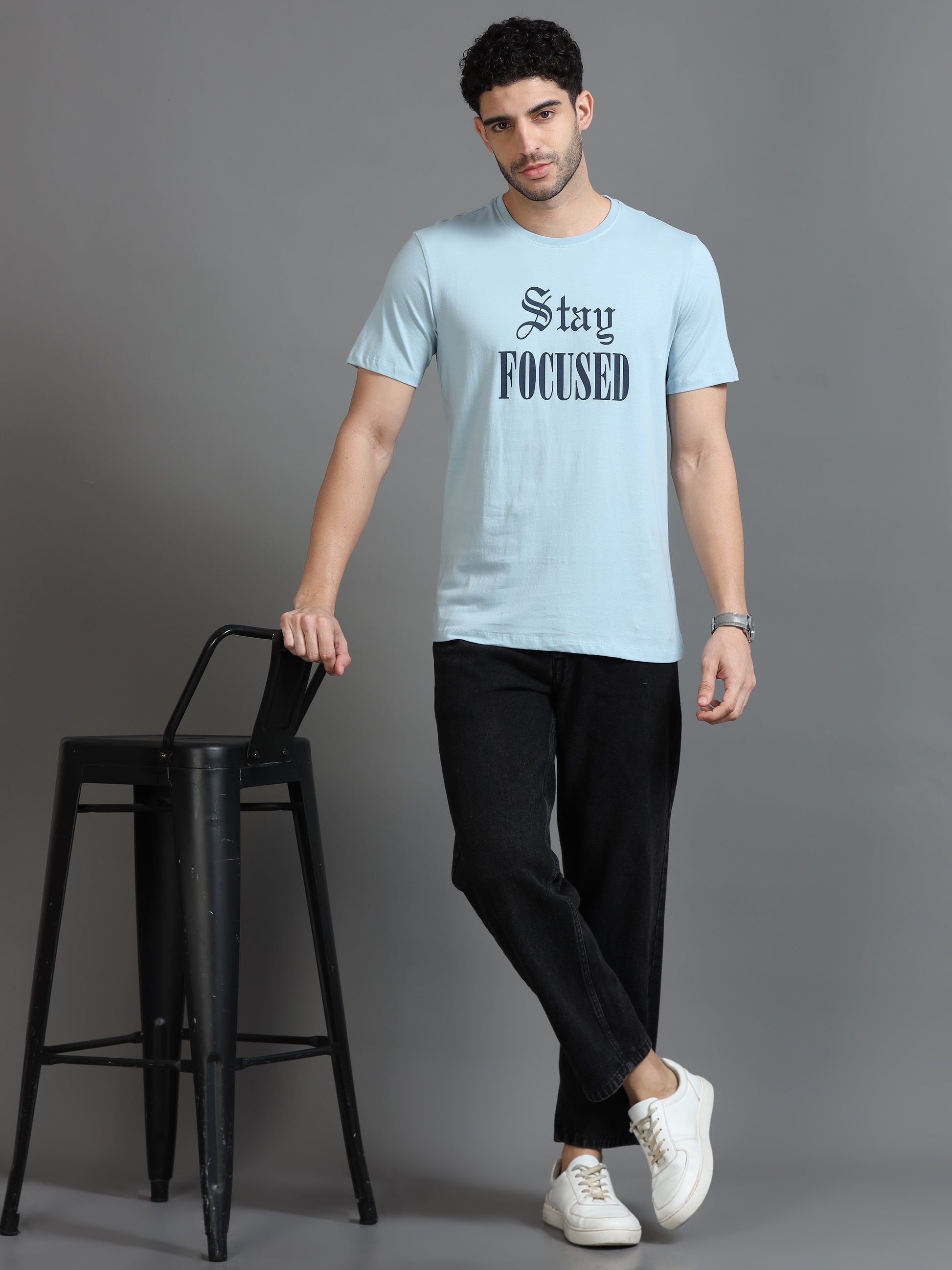 Stay Focused Light Blue Printed T Shirt for Men