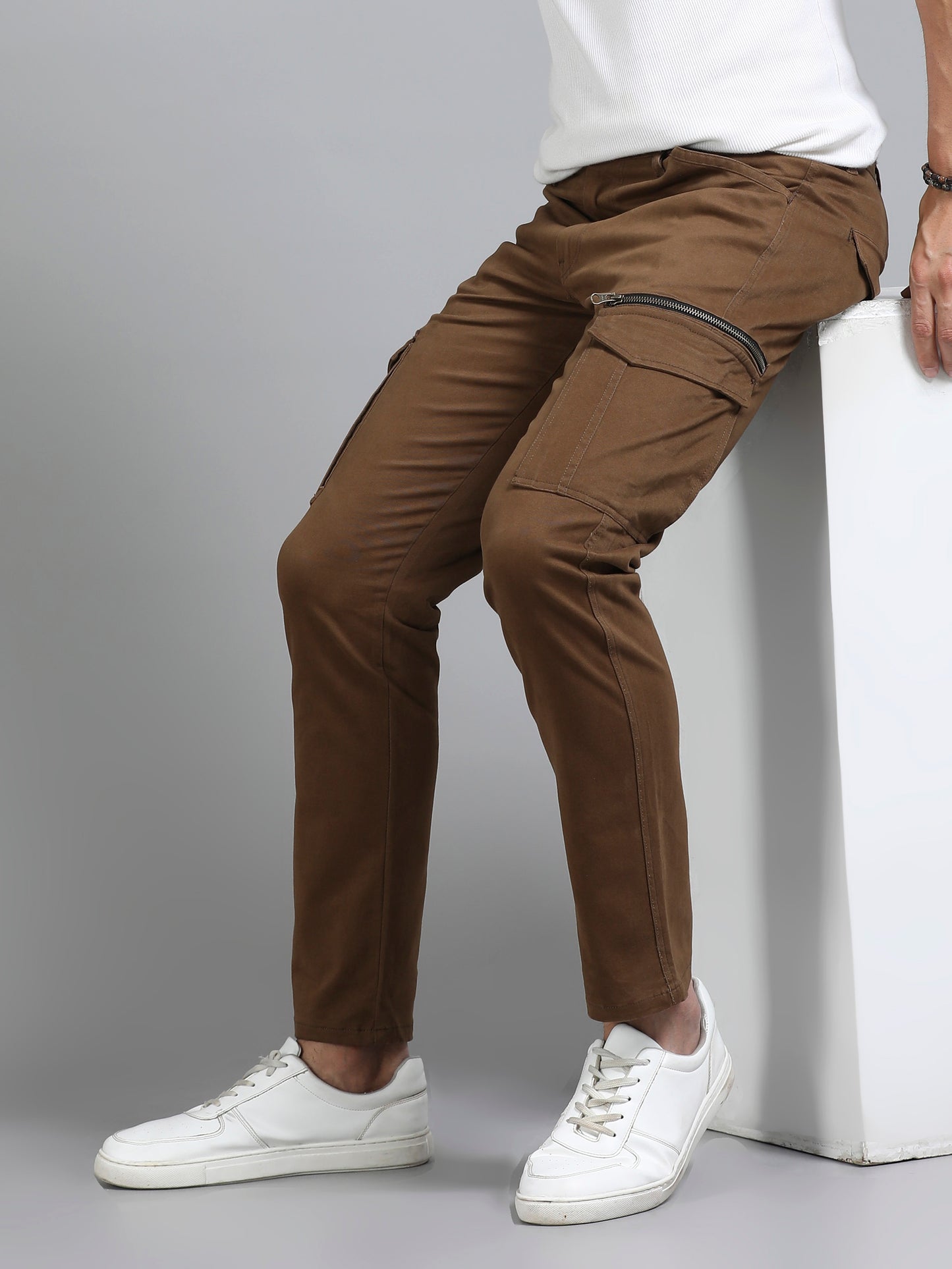 Cotton Lycra Mens Coffee Brown Cargo Pants