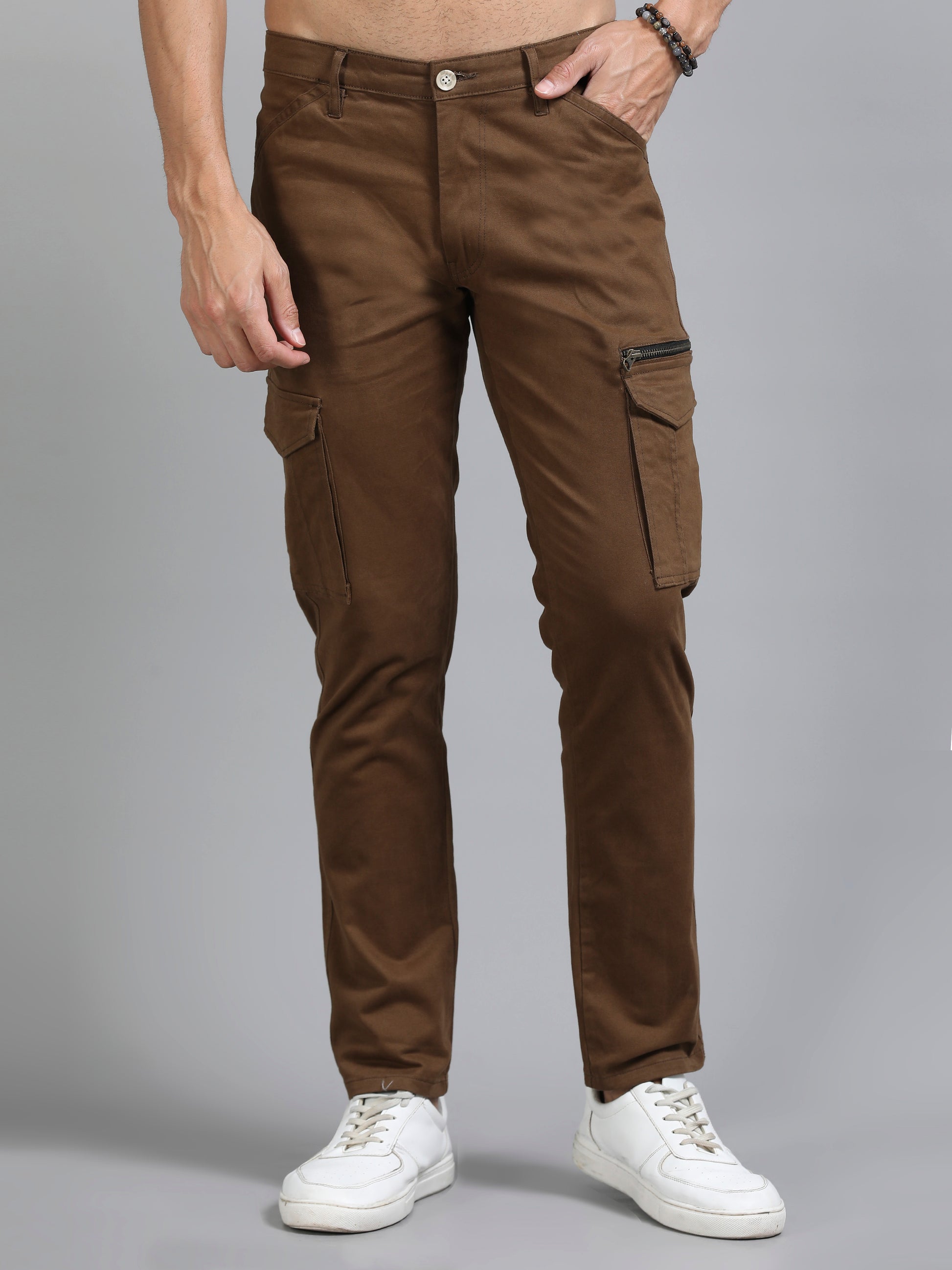 Cotton Lycra Mens Coffee Brown Cargo Pants