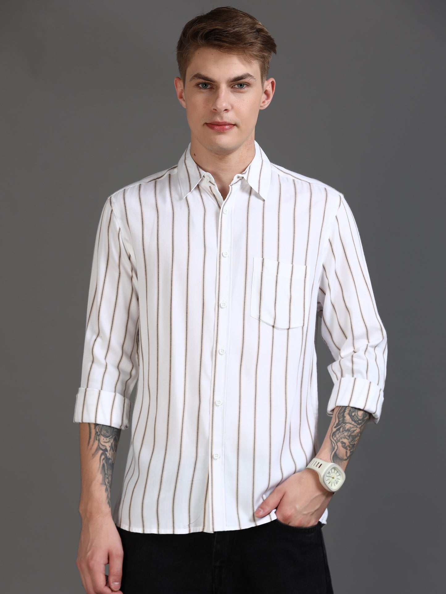 White & Beige Stripe Shirt for Men