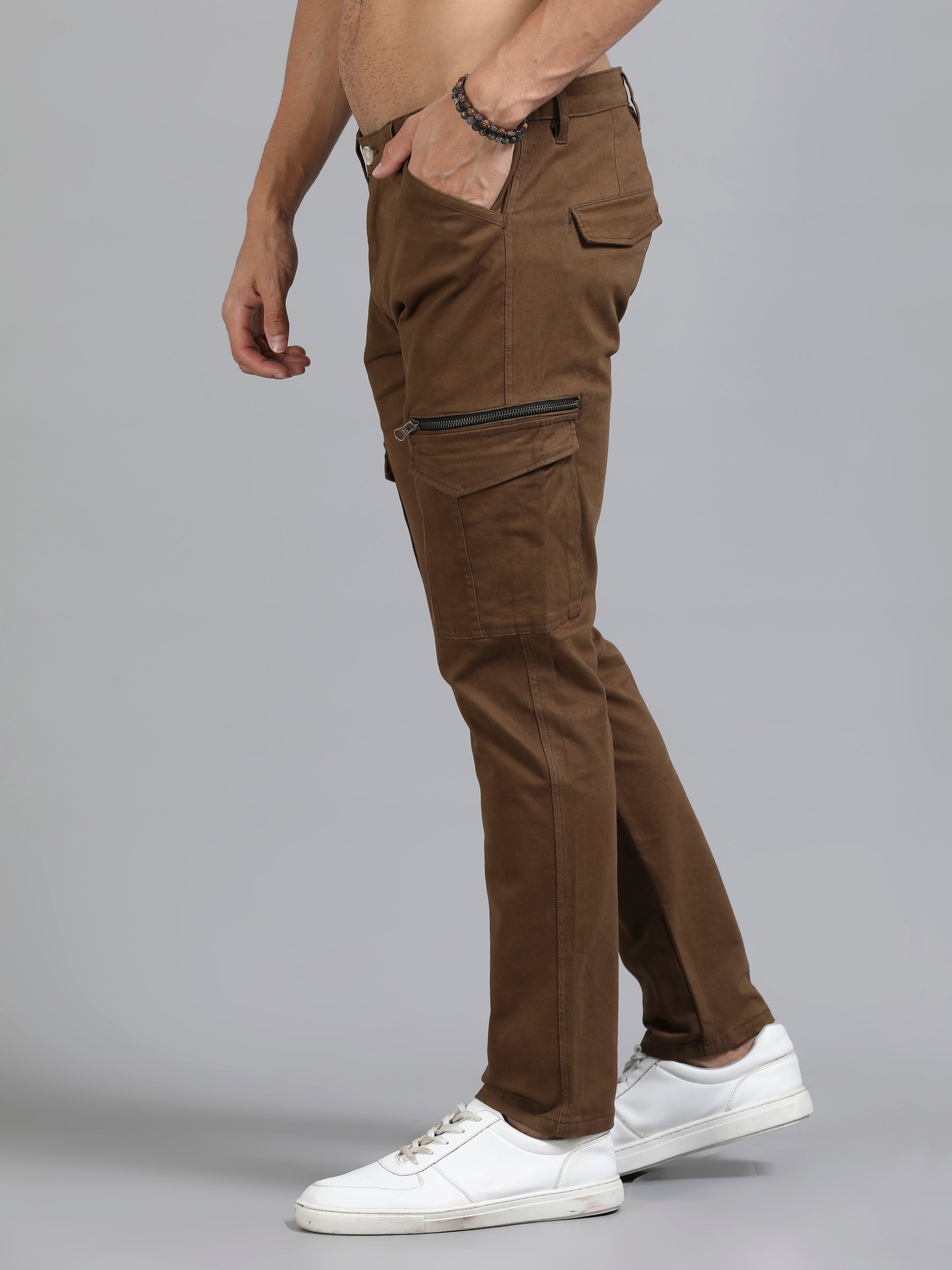 Cotton Lycra Mens Coffee Brown Cargo Pants