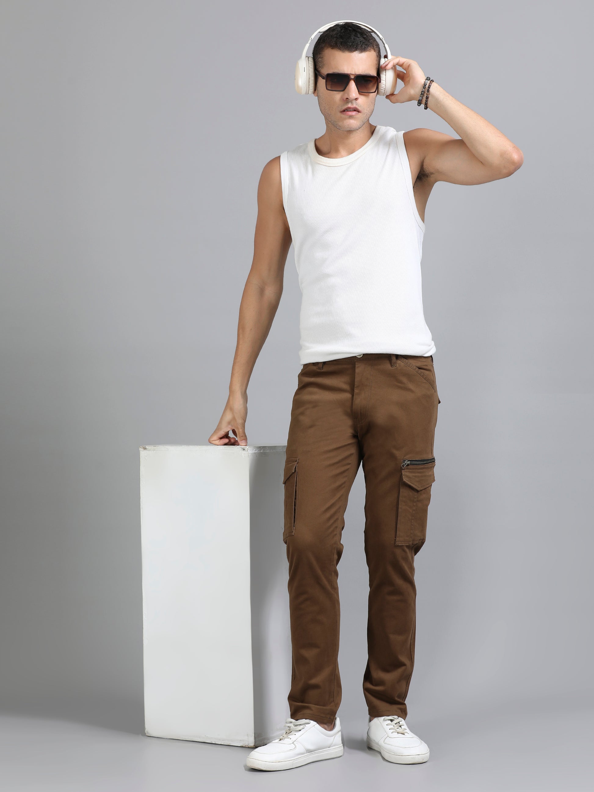 Cotton Lycra Mens Coffee Brown Cargo Pants