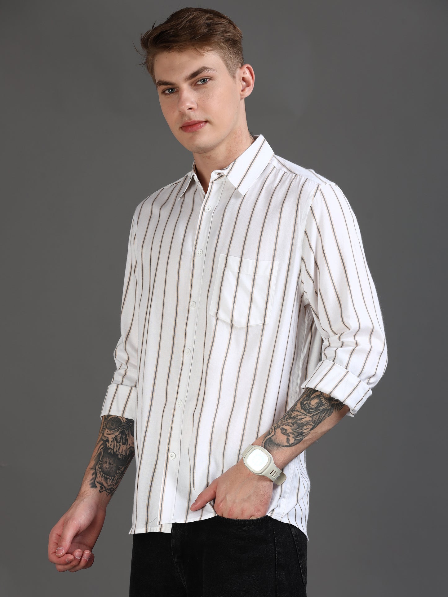 White & Beige Stripe Shirt for Men