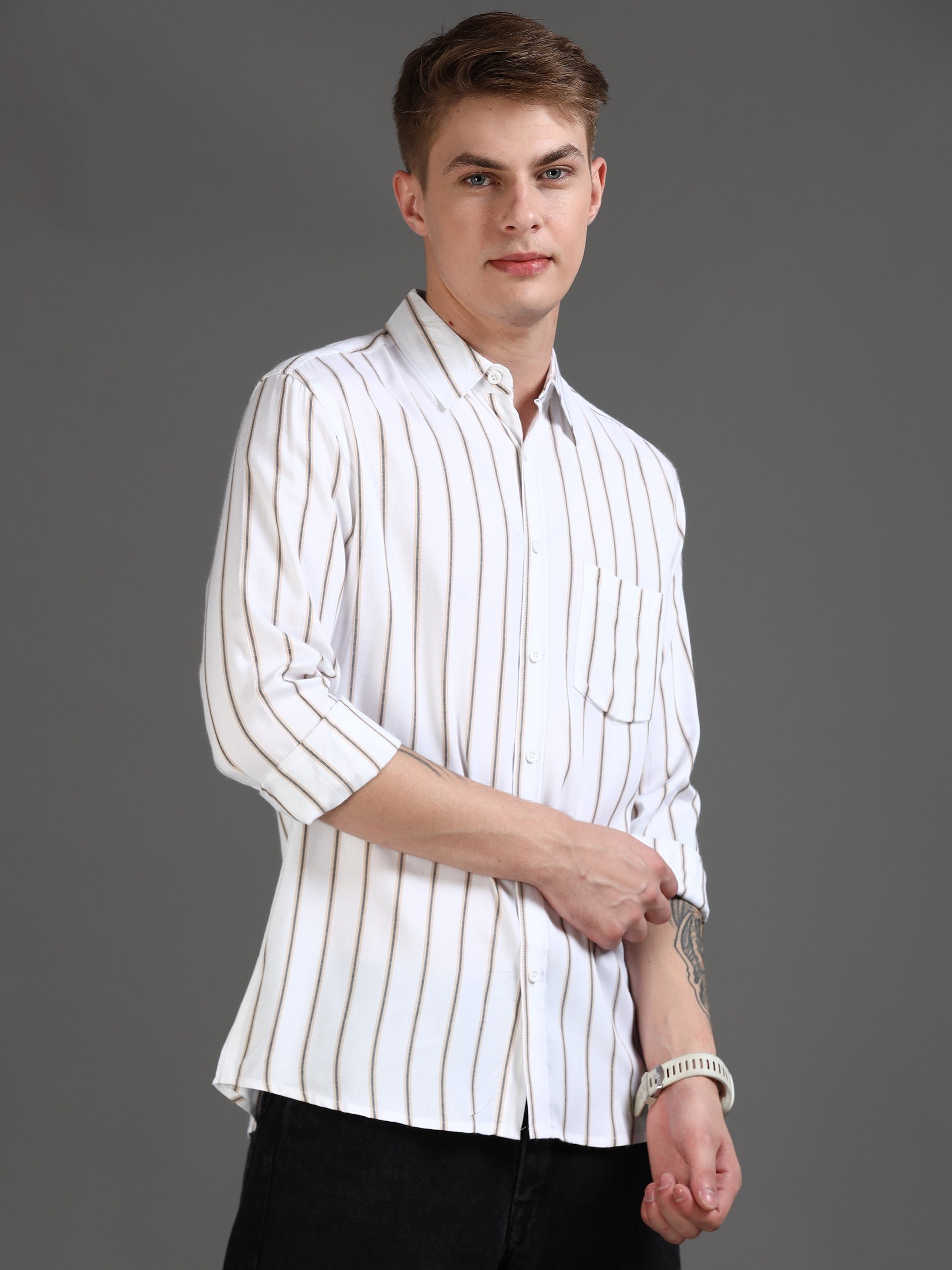 White & Beige Stripe Shirt for Men