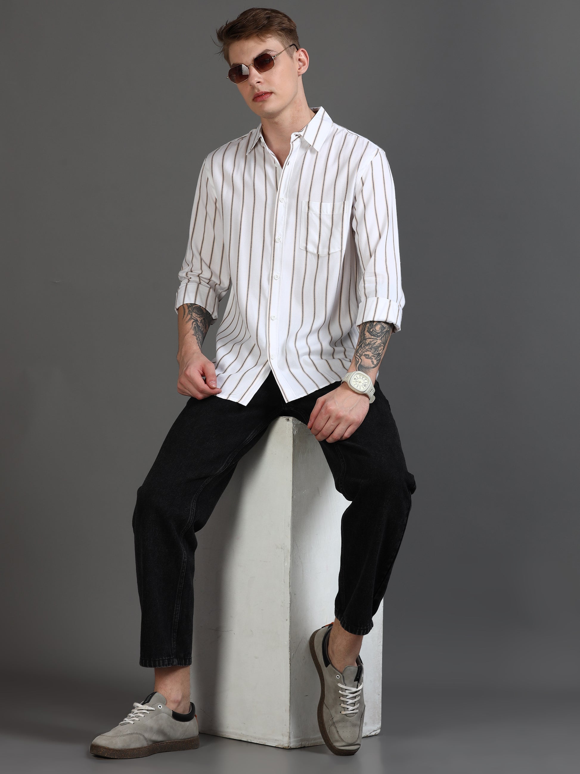 White & Beige Stripe Shirt for Men