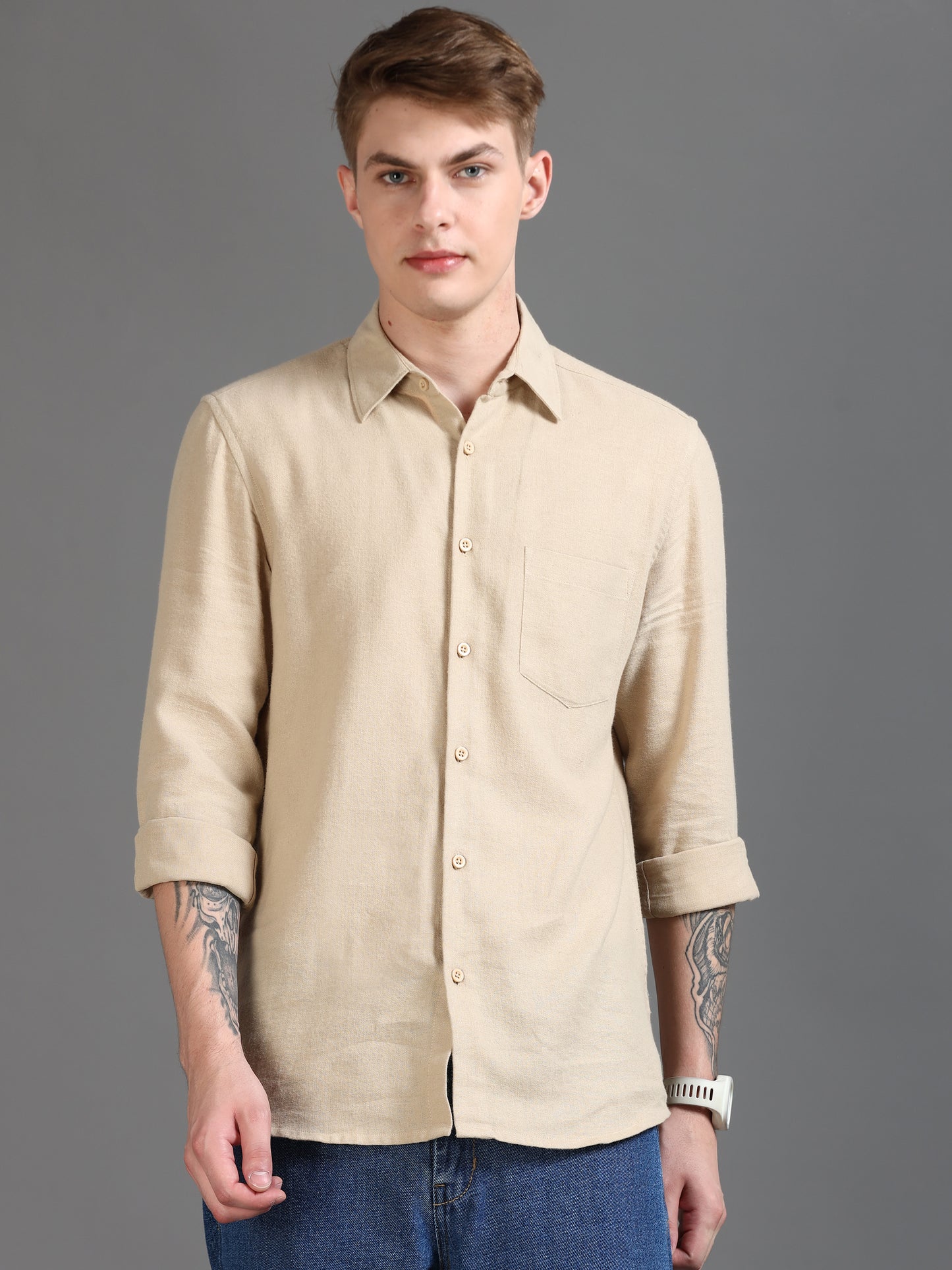 Classic Solid Men's Beige Shirt 