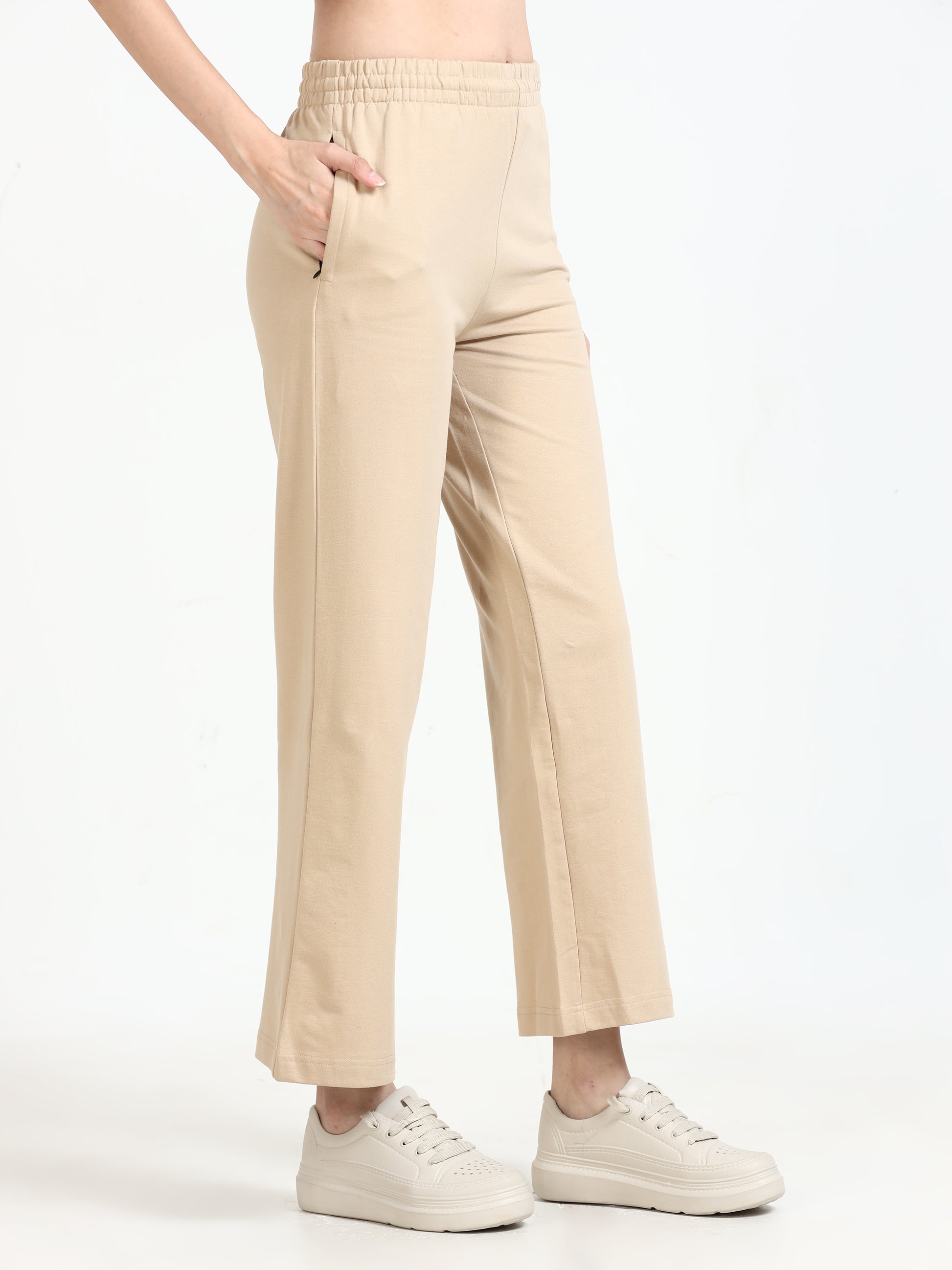 Women High Waist Flared Trousers Beige